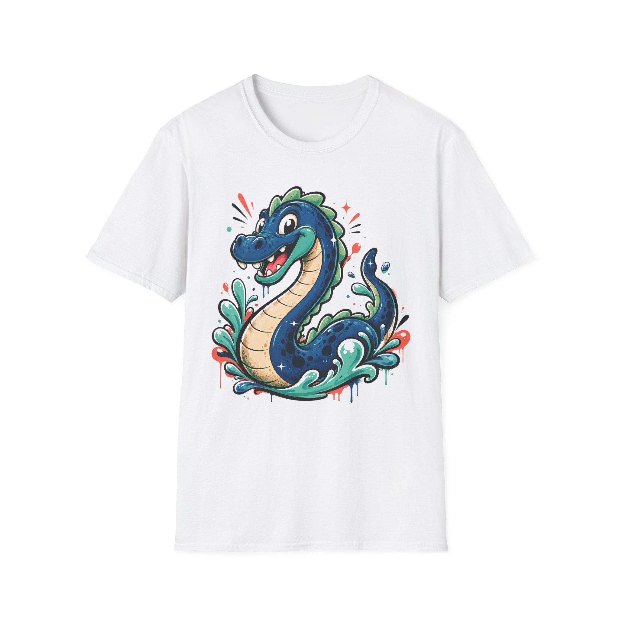White sea serpent graphic tee with smiling cartoon lake monster and splash details