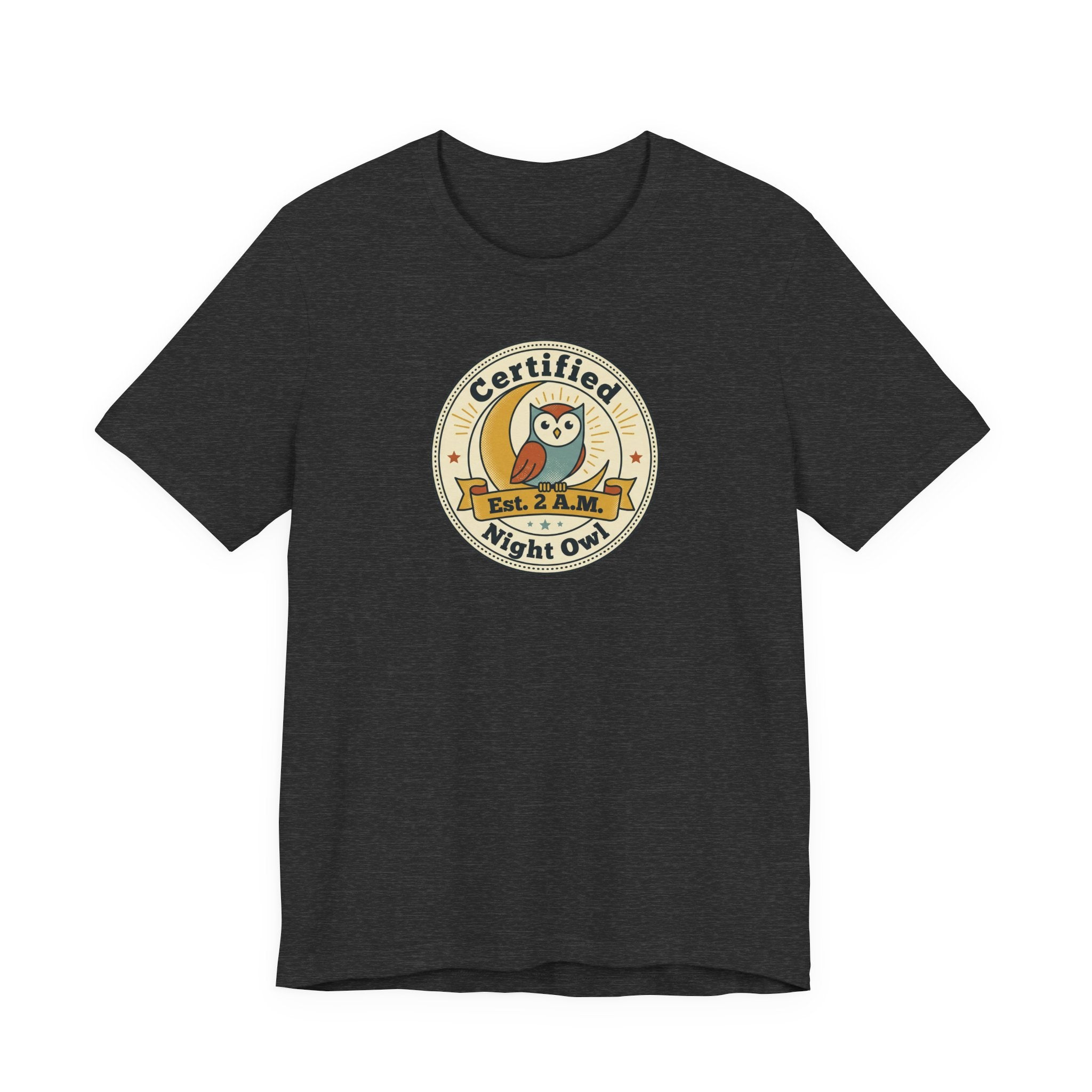 Dark charcoal T-shirt with certified night owl badge graphic on chest