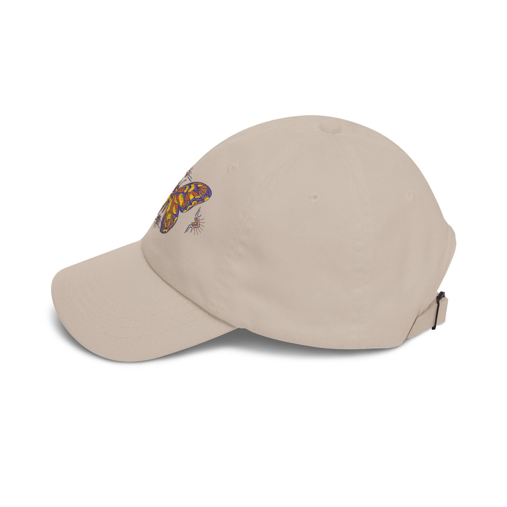 Embroidered dad cap in beige with colorful moth patch on the front