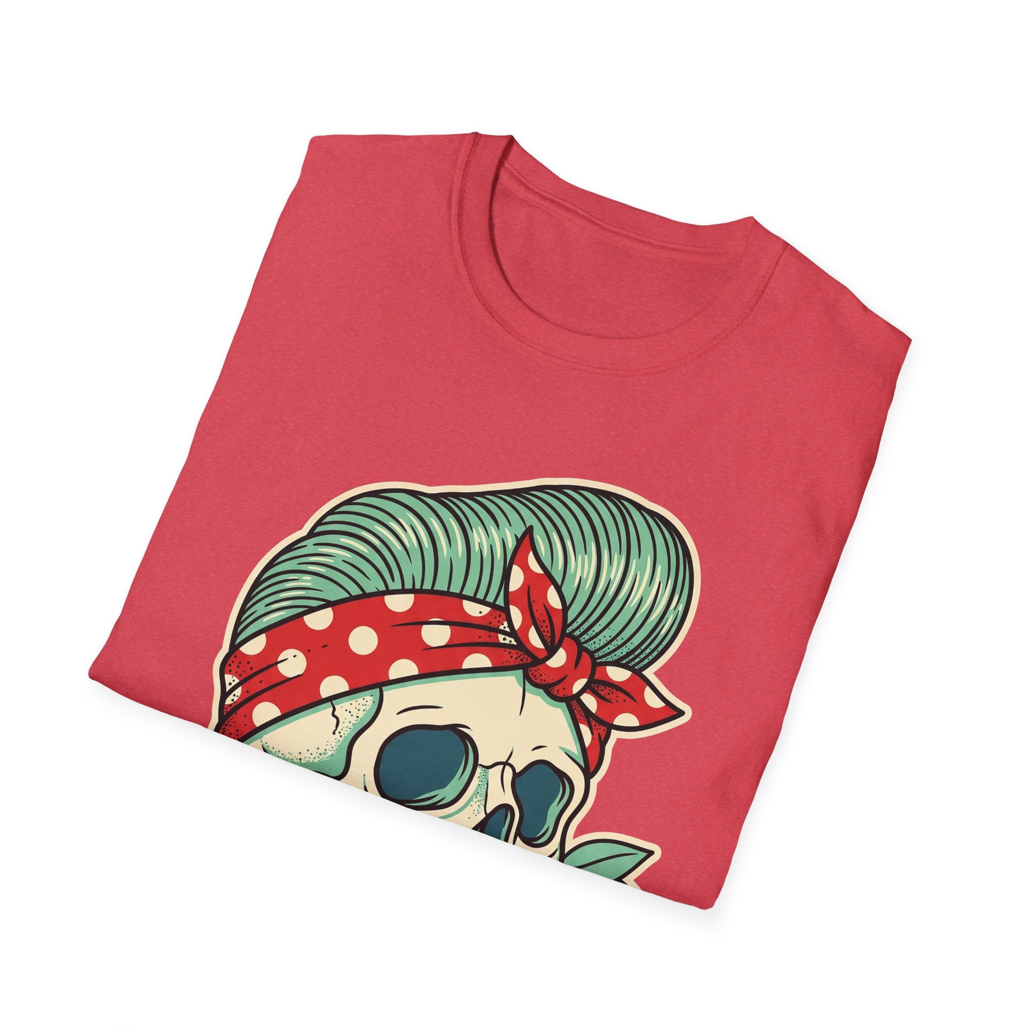 Rockabilly skull tee, heather red, full front print with bandana and cherry accents