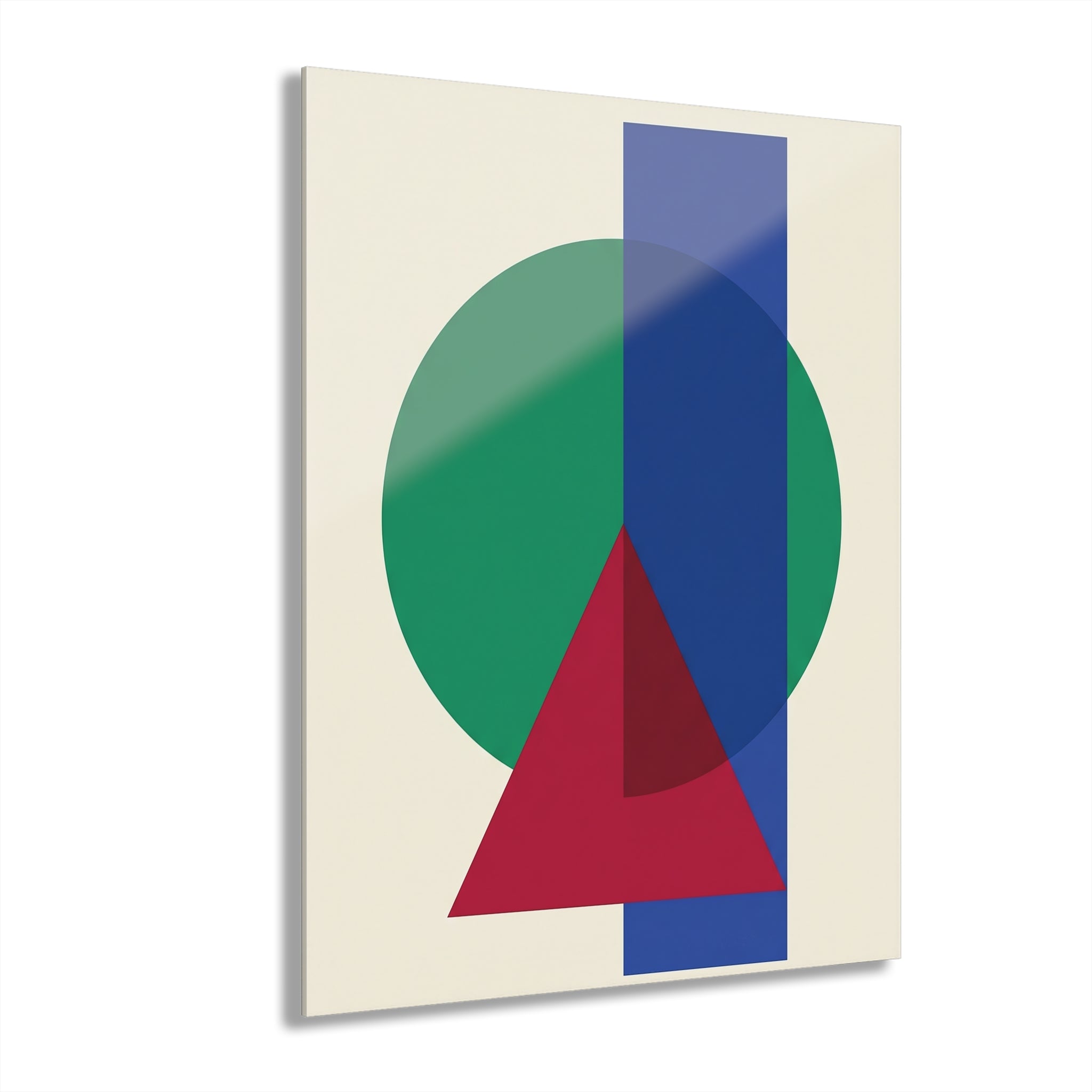 Geometric abstract wall art with a large green circle, blue vertical block, and red triangle.