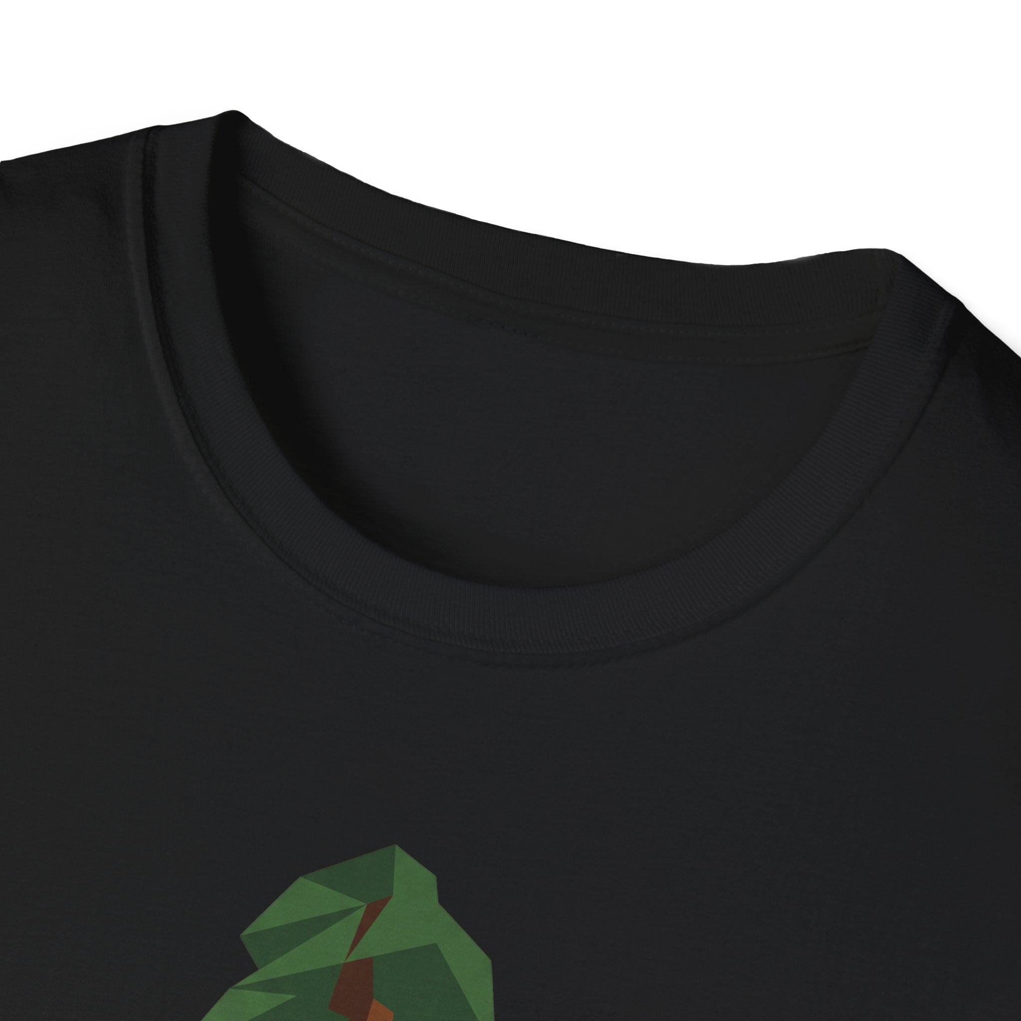 Black crew-neck T-shirt collar close-up with partial geometric tree graphic
