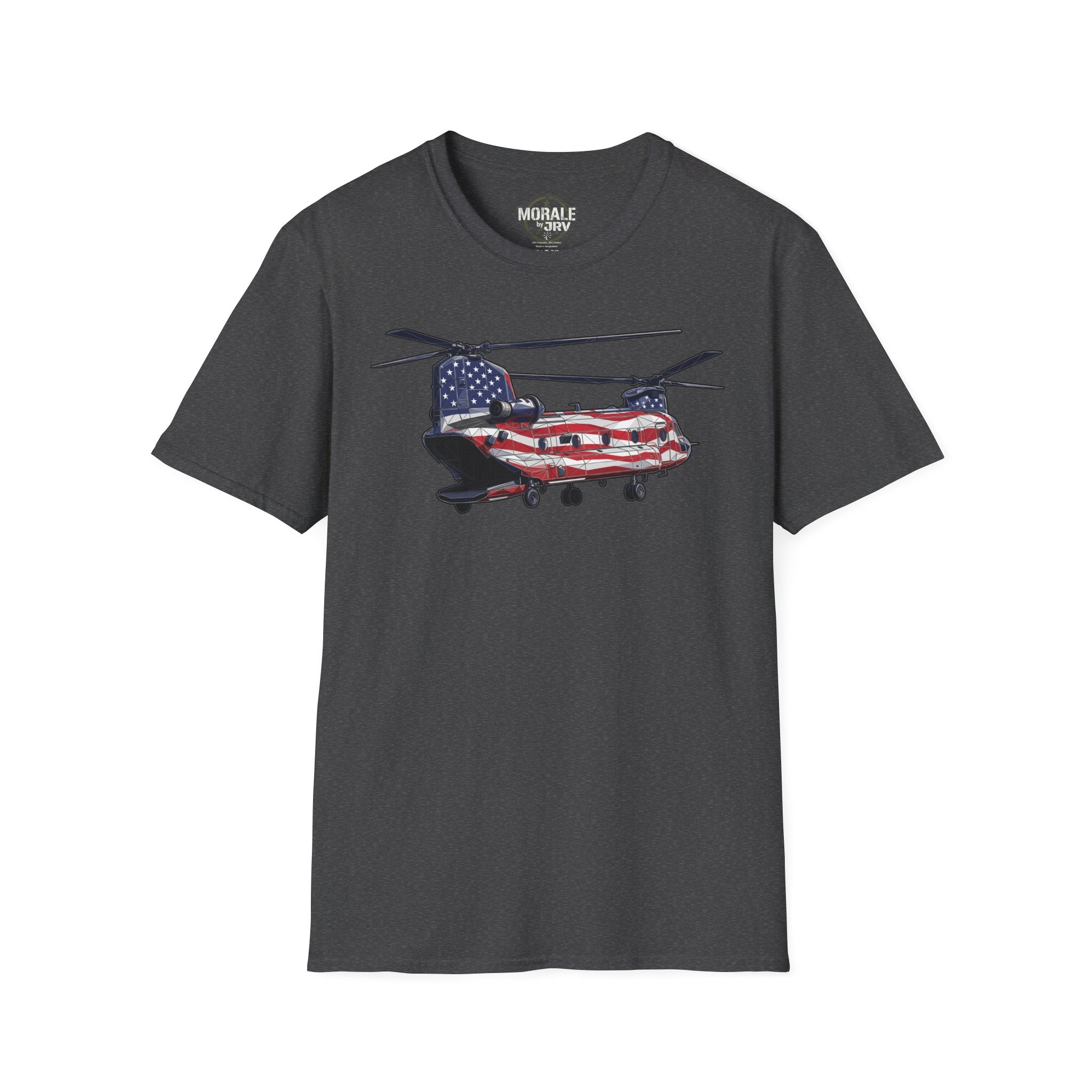 American Flag CH-47 Chinook T-shirt in dark charcoal with red, white and blue helicopter graphic
