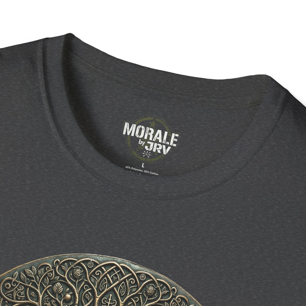 Dark Heather T-shirt neckline with small circular logo and partial tree graphic