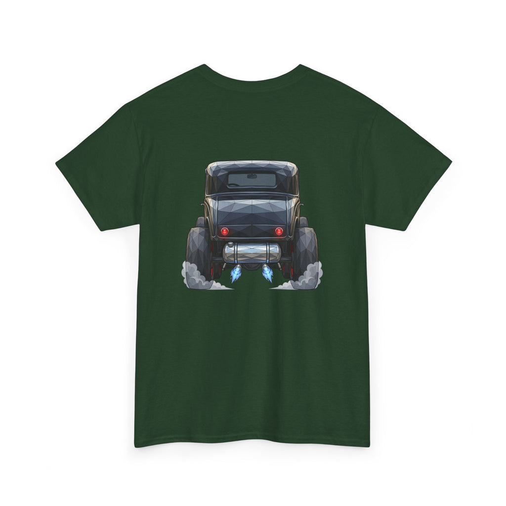 Dark green graphic T-shirt with vintage hot rod front and rear illustration