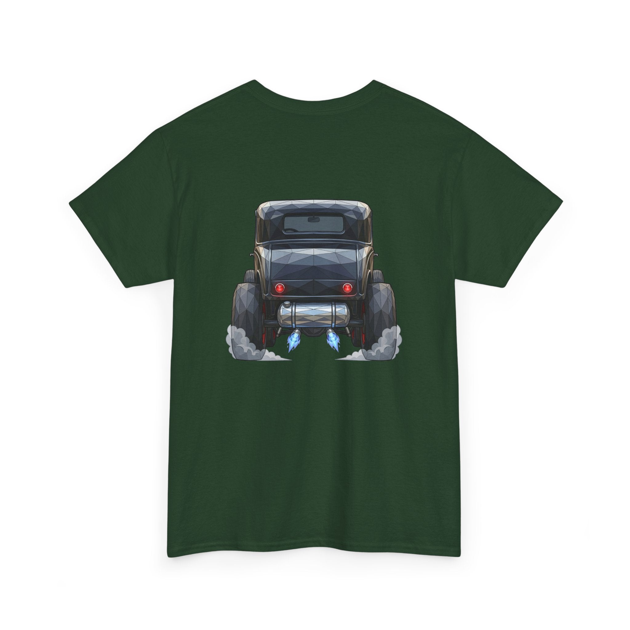 Dark green graphic T-shirt with vintage hot rod front and rear illustration