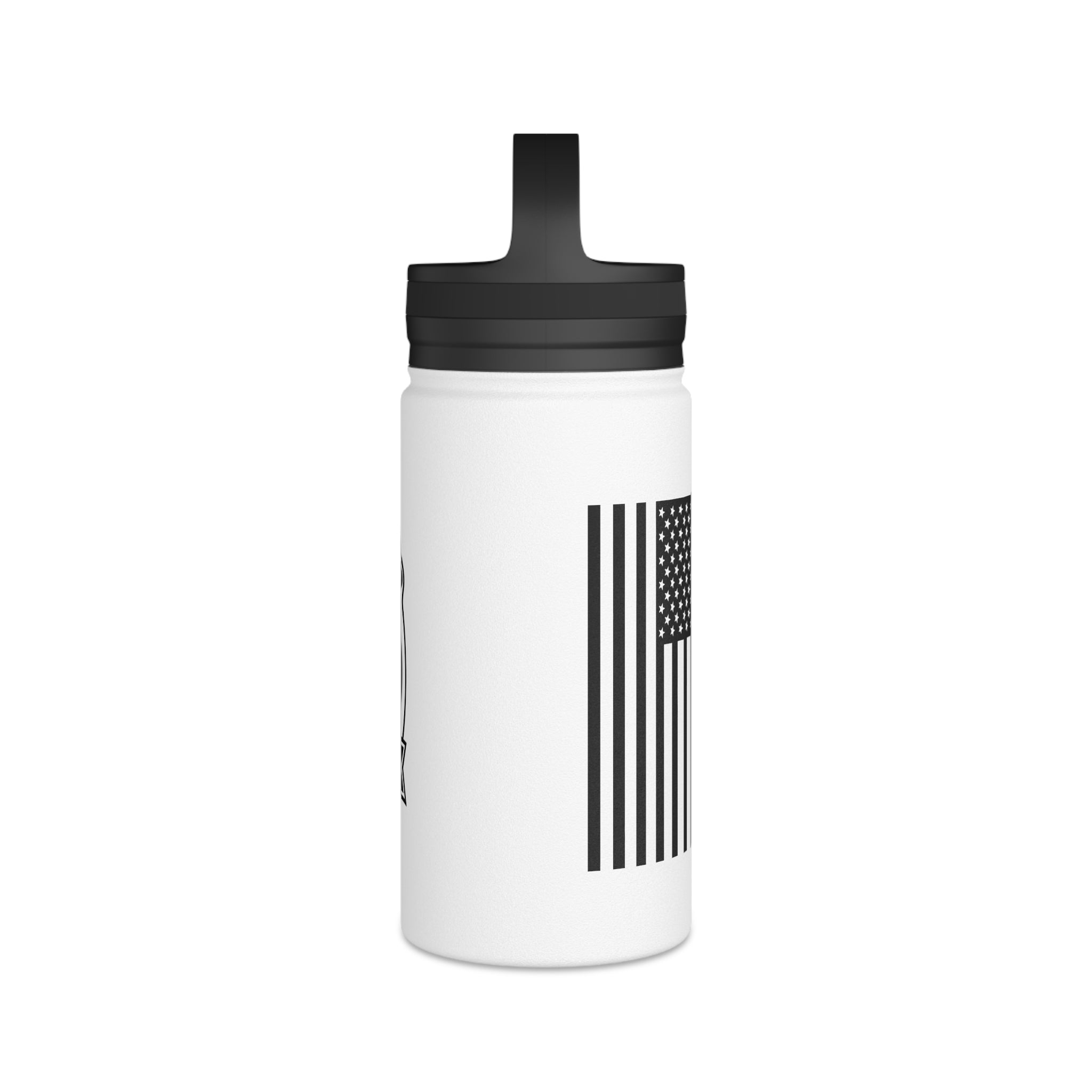 White stainless steel water bottle with black lid and partial American flag stripe decal