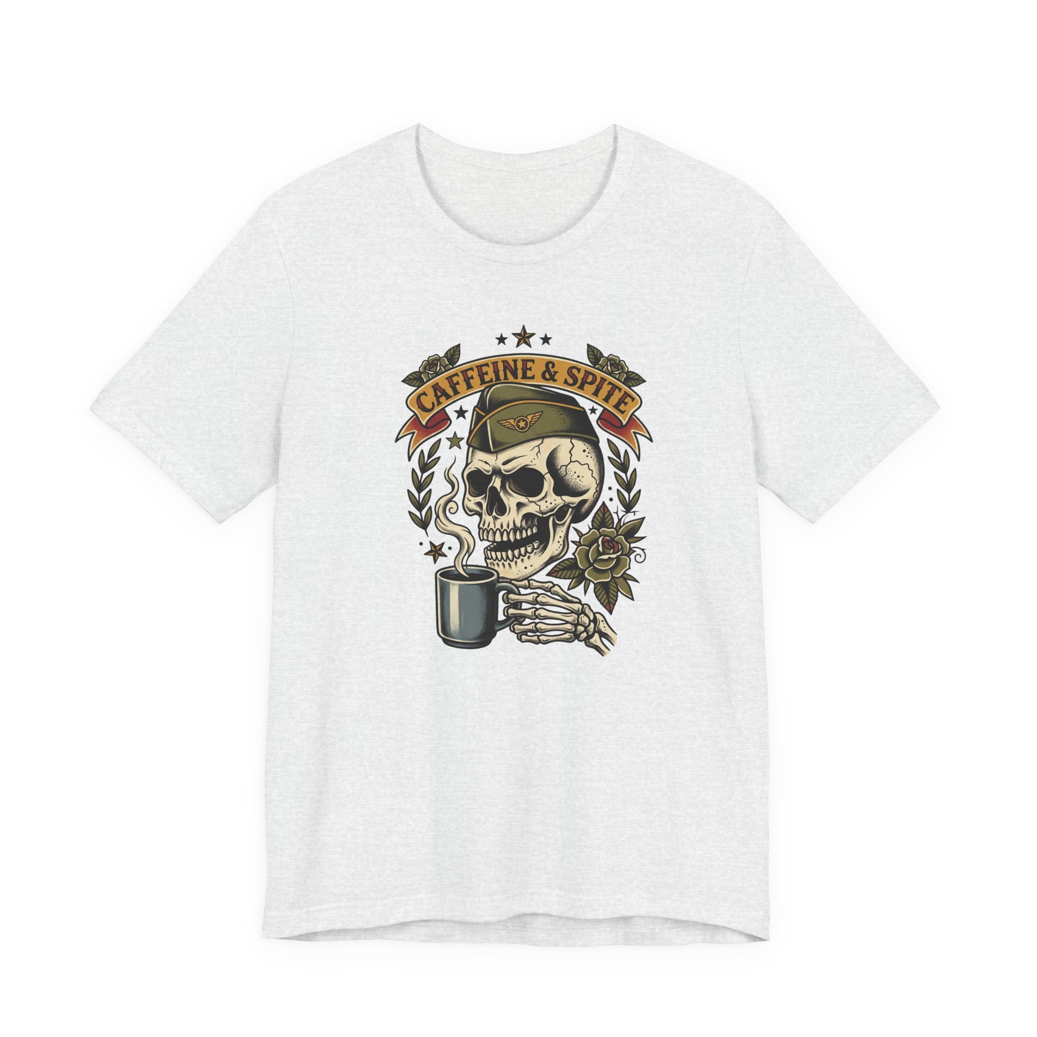Heather grey T-shirt with skull holding coffee mug graphic in green and gold