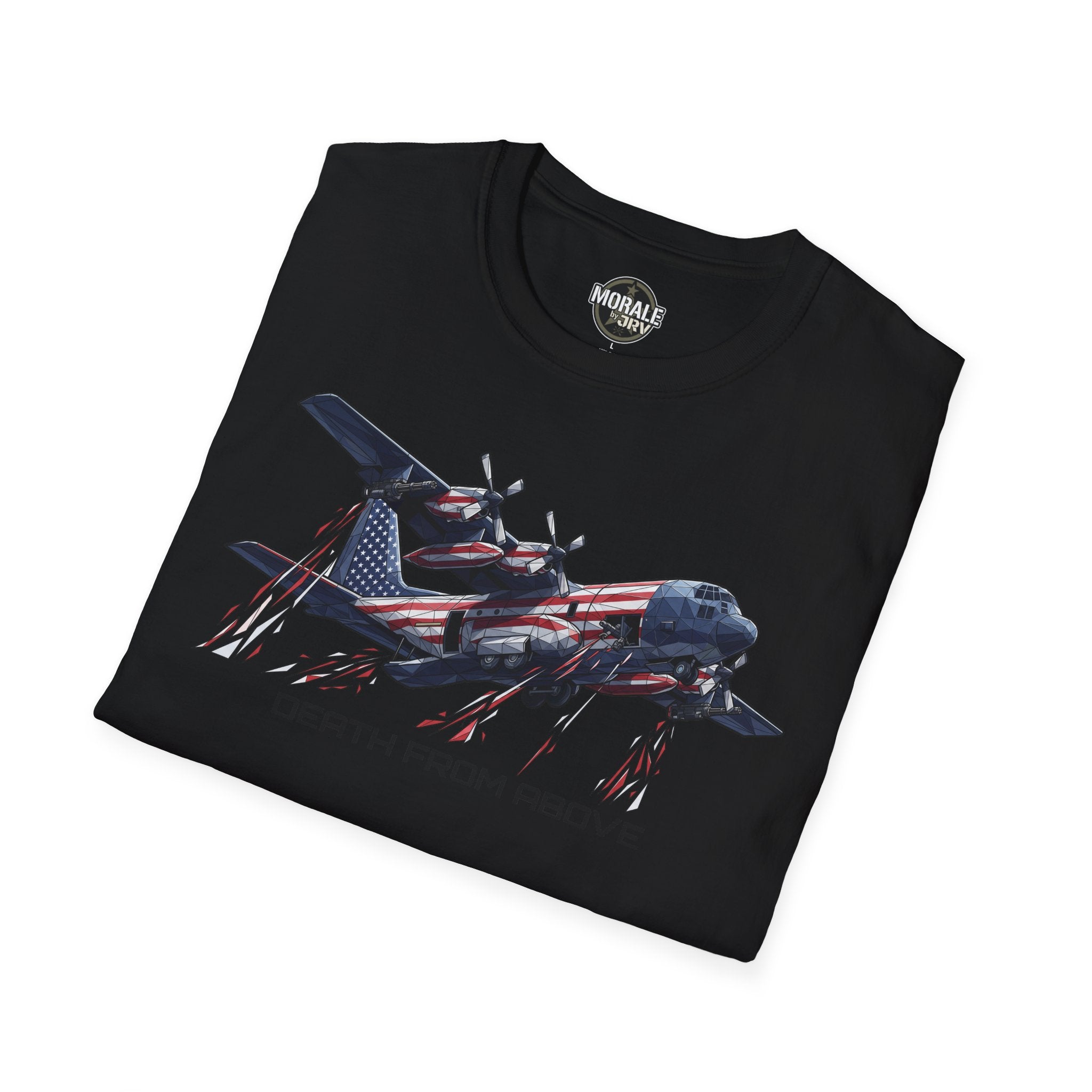 DEATH FROM ABOVE C-130 T-shirt, black: C-130 graphic with American flag pattern