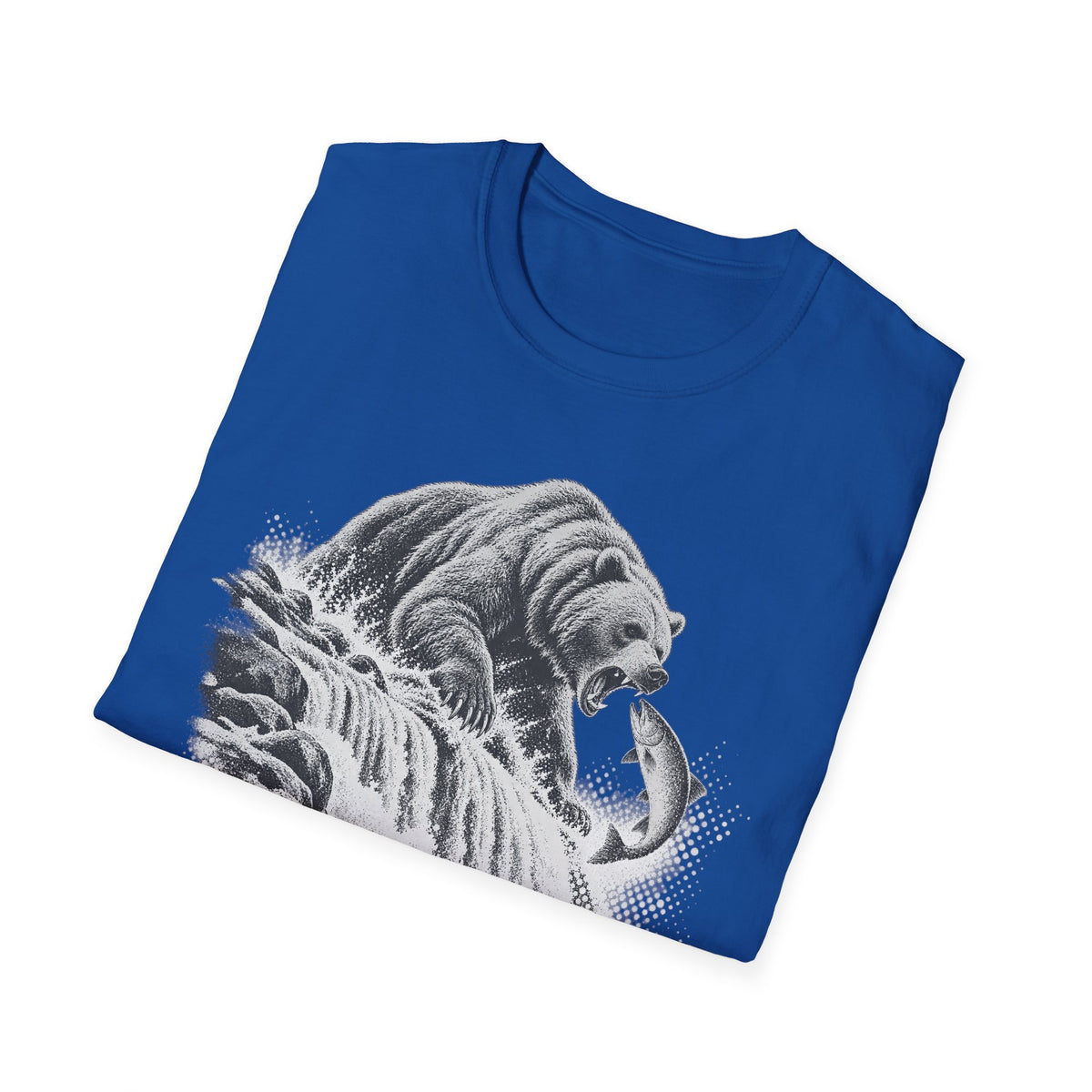 Blue graphic t-shirt with grizzly bear and waterfall-style scene print
