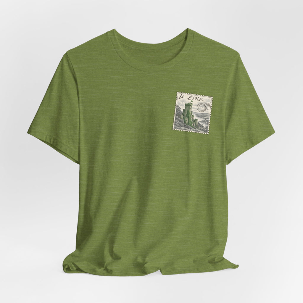 Green heather T-shirt with small vintage postage stamp graphic on the chest.