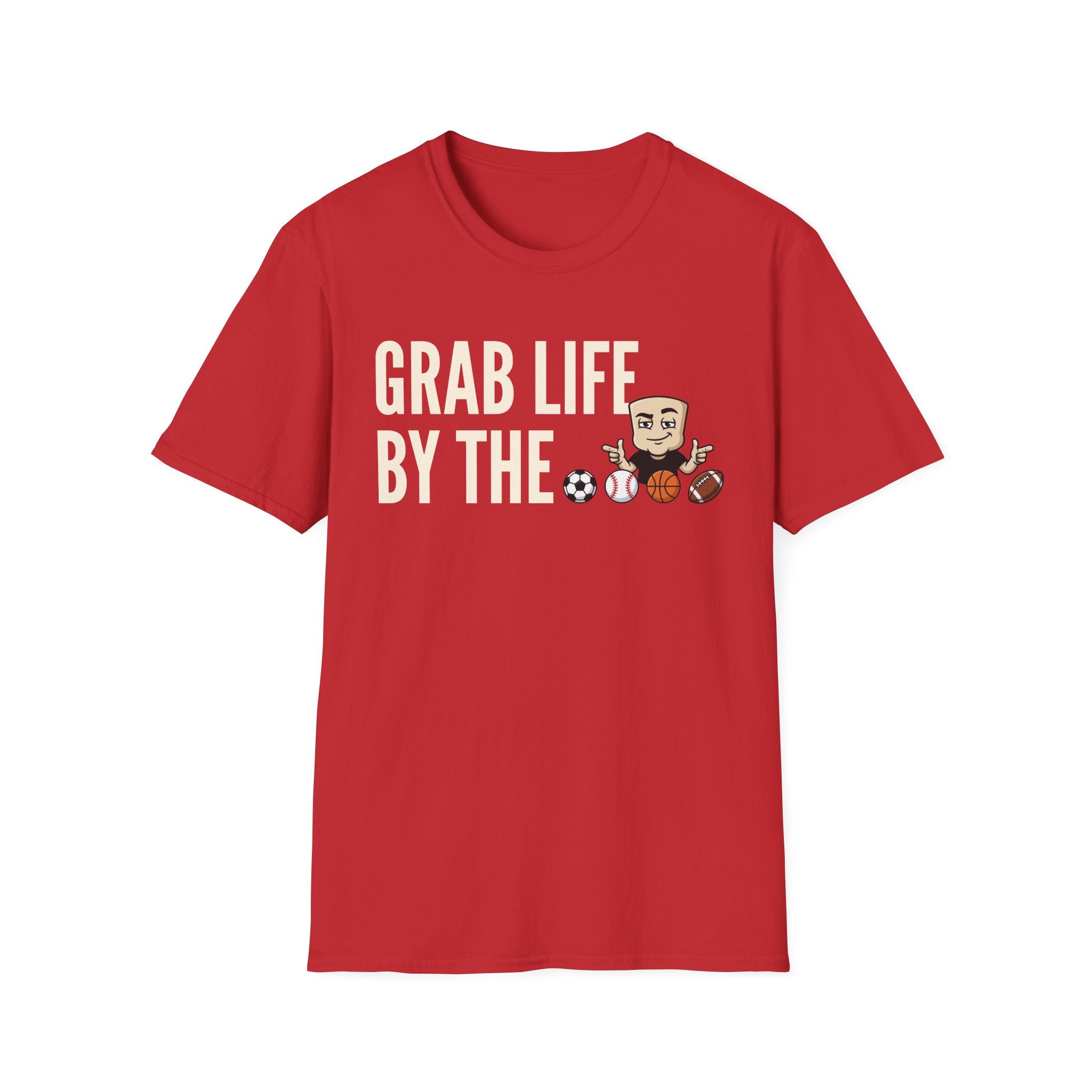 Red crew-neck T-shirt with white motivational text and football graphic
