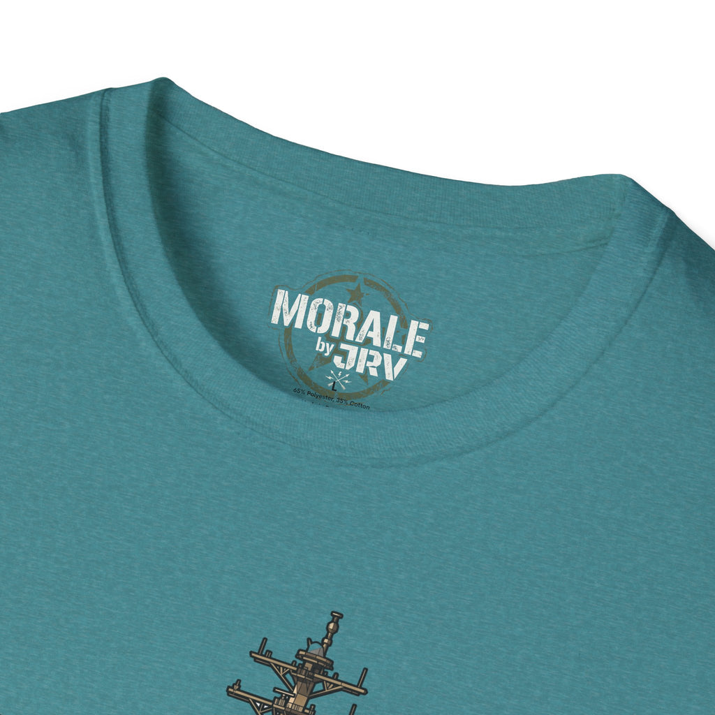 Teal T-shirt neckline with “MORALE by TRV” logo