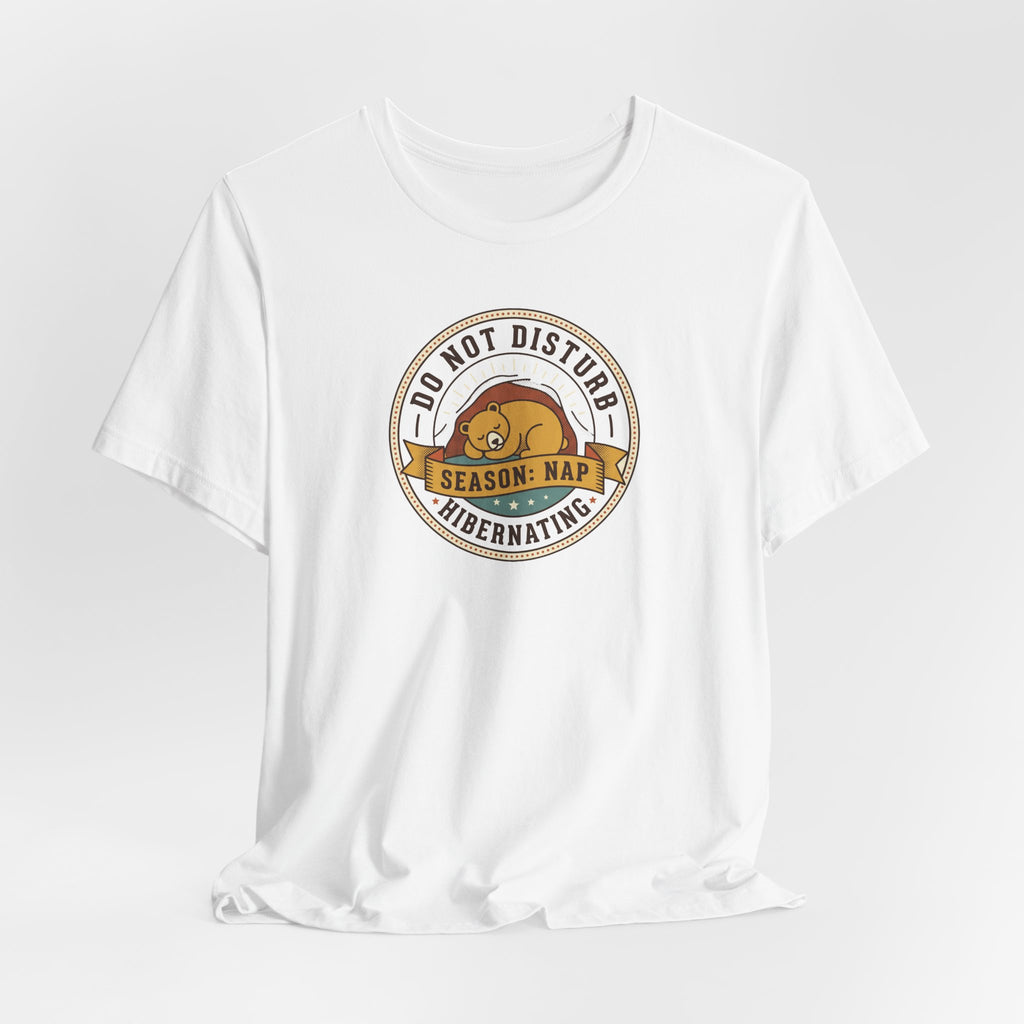 White T-shirt with circular sleeping bear graphic on chest