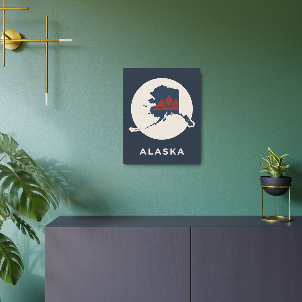 Alaska circular outline metal wall sign with mountain landscape, dark blue plate