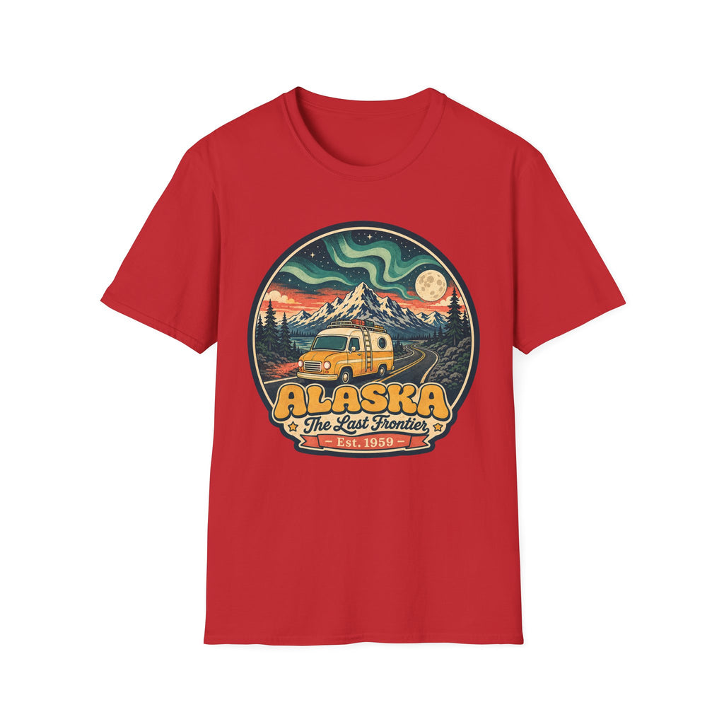 Unisex graphic T-shirt, red, round Alaska logo with mountain and cabin vehicle art