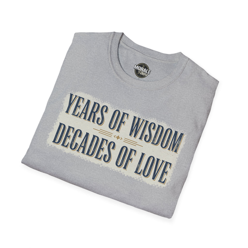Sport gray T-shirt with “YEARS OF WISDOM” and “DECADES OF LOVE” front graphic