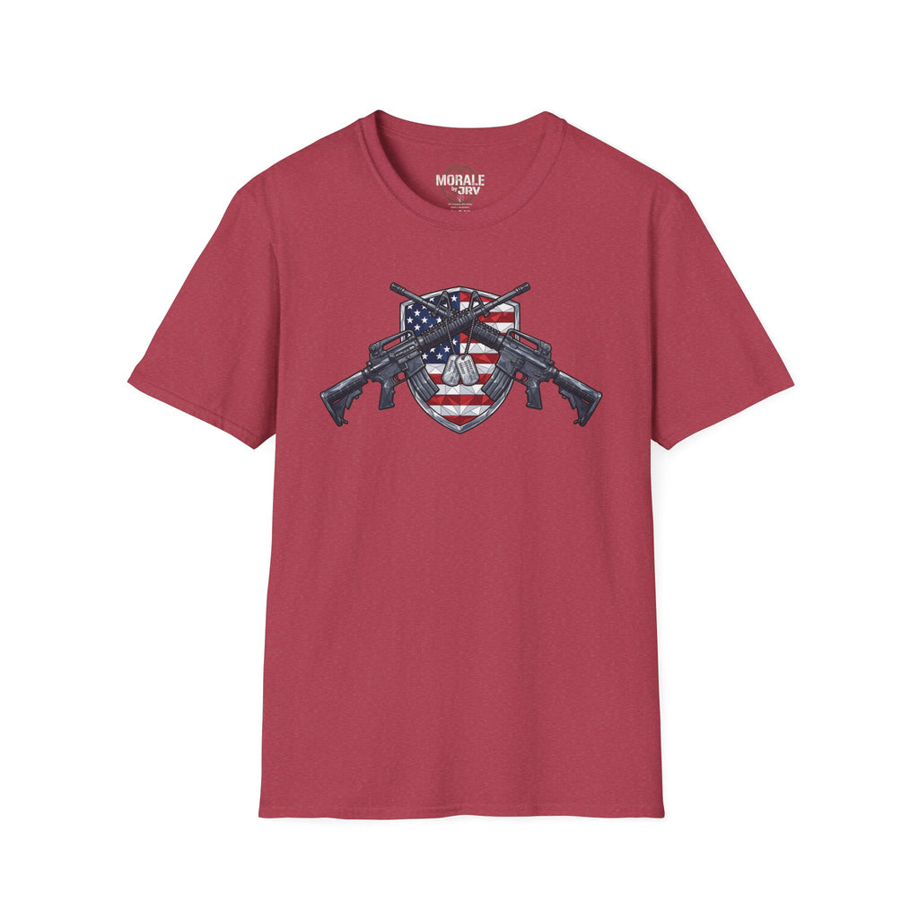American flag skull shield T-shirt with crossed rifles, maroon base
