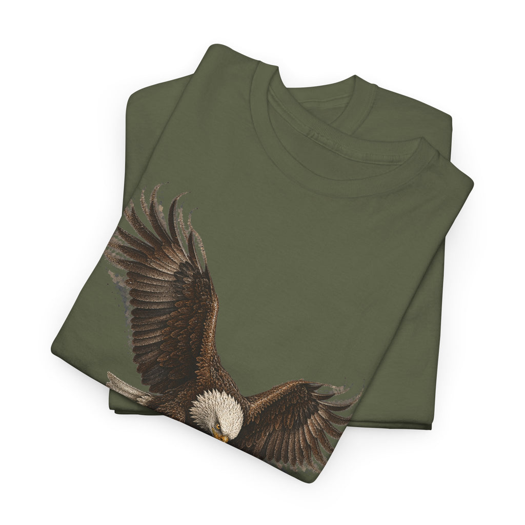 Military green eagle graphic t-shirt with wings spread print along lower front