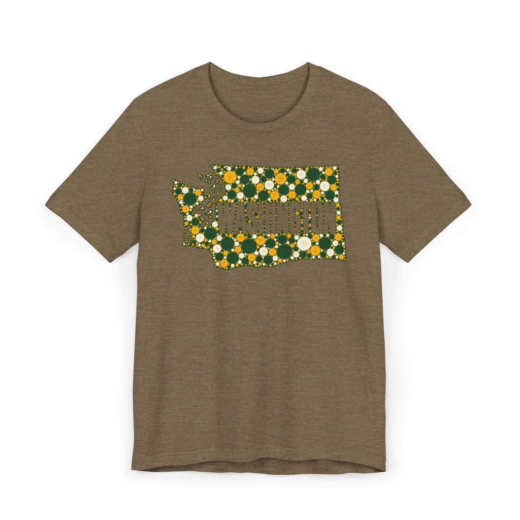 Brown T-shirt with dotted Washington outline floral graphic in green and gold