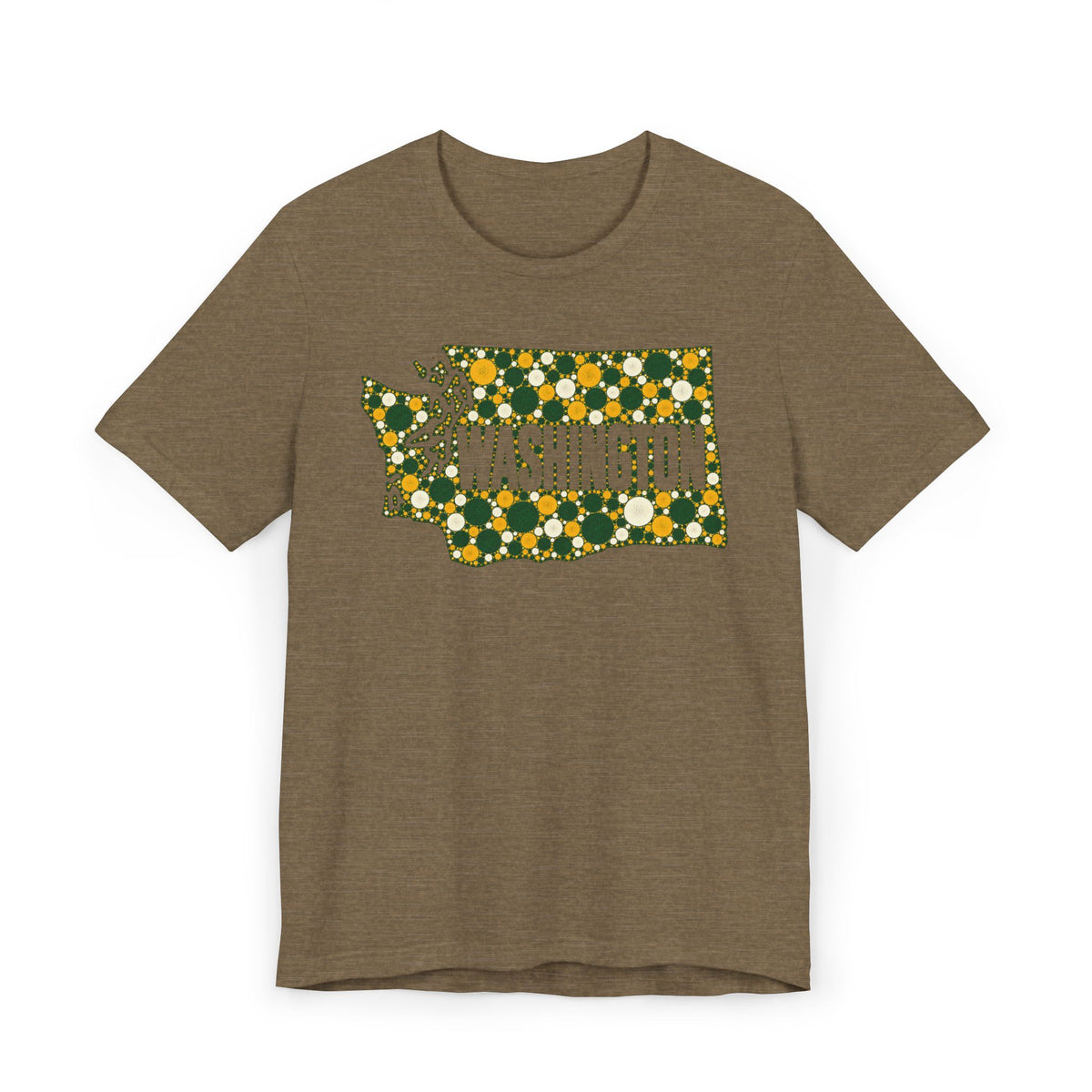 Brown T-shirt with dotted Washington outline floral graphic in green and gold