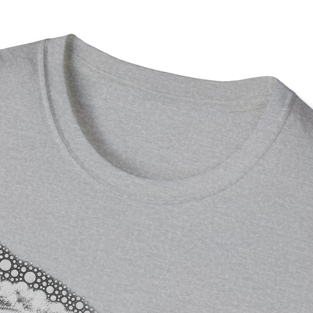 Light gray t-shirt with crew neck and partial vintage open-wheel car graphic at lower left