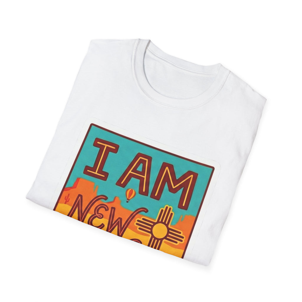 White T-shirt detail: colorful 'I AM New Mexico' sign print