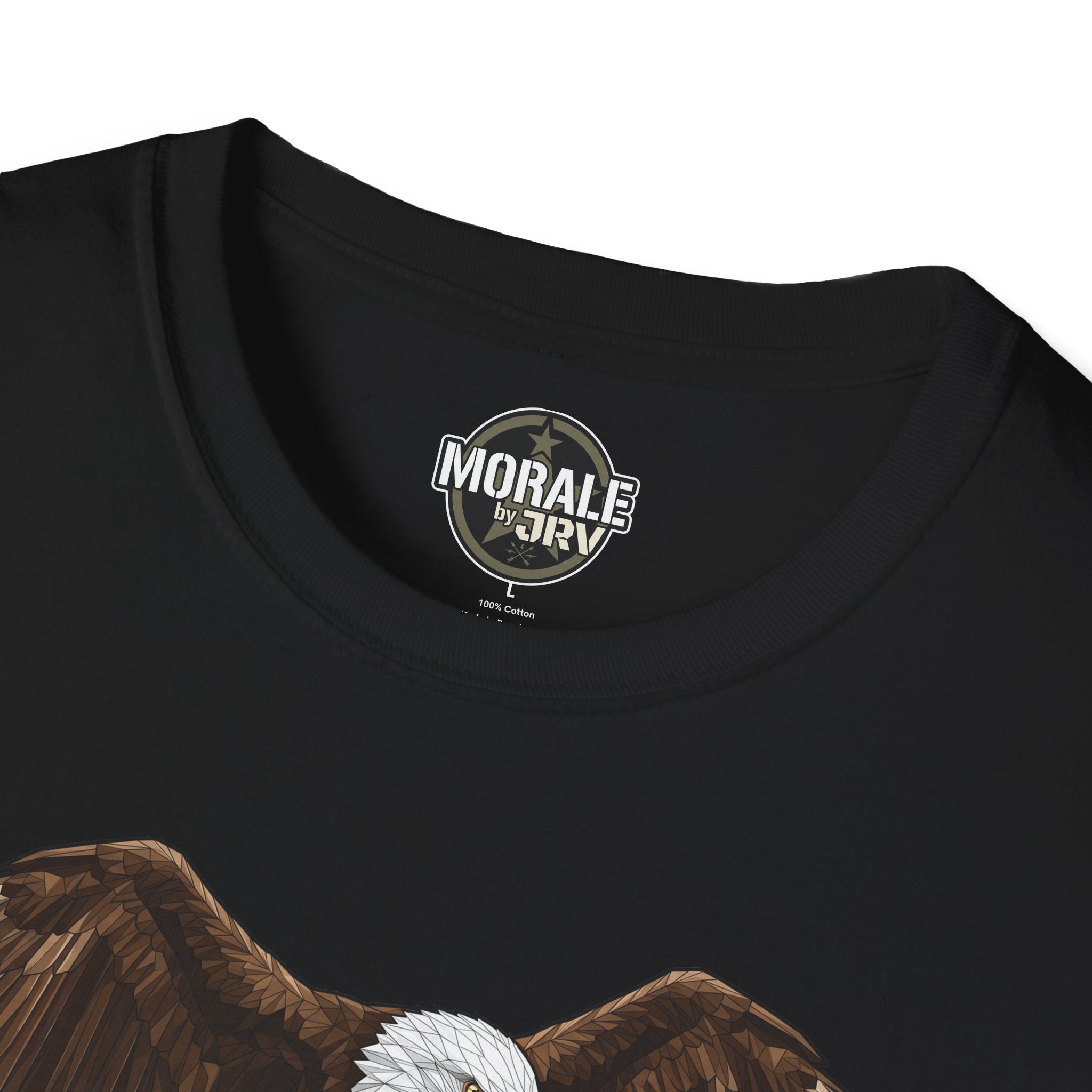 Black T-shirt neckline logo with partial bald eagle and tank print