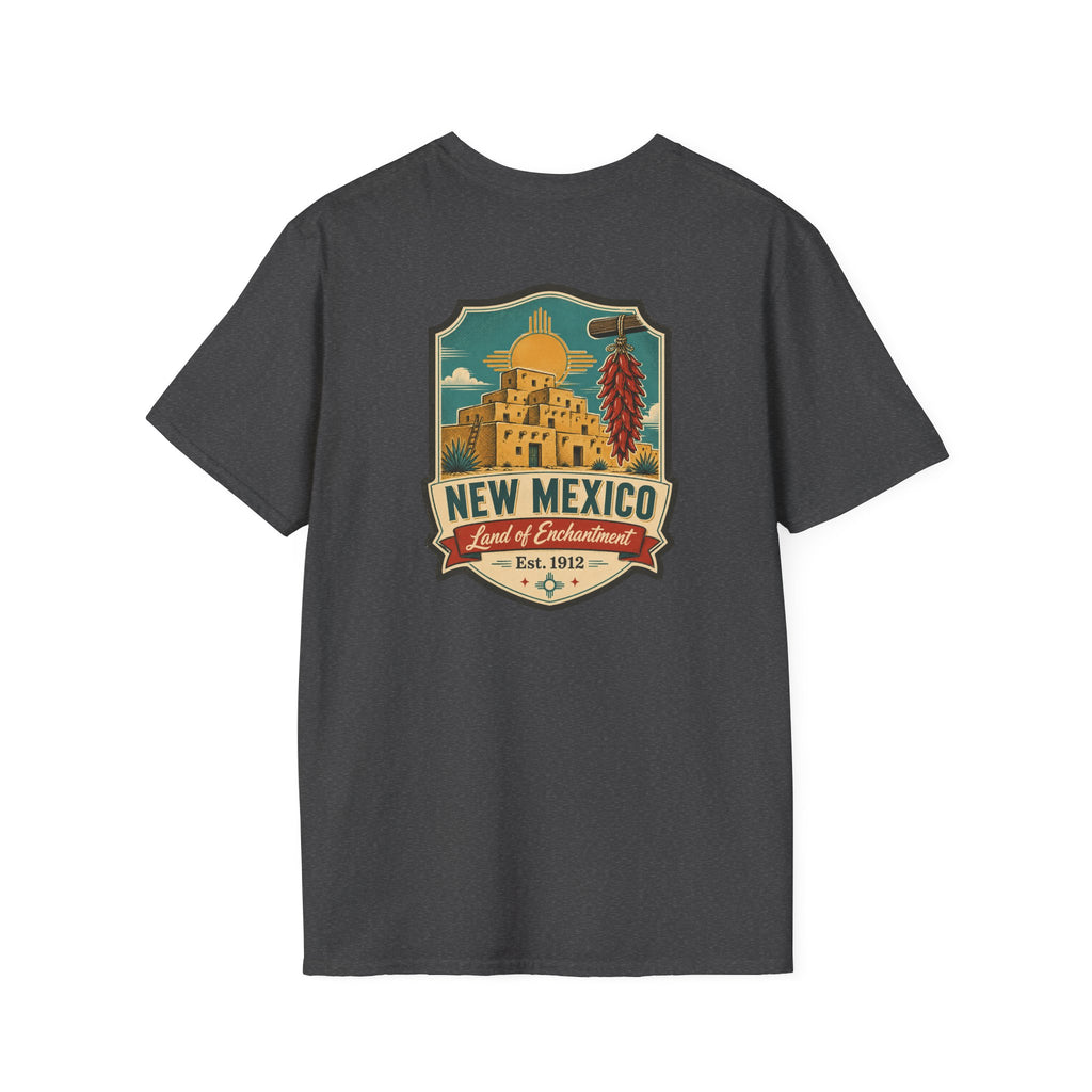 Dark gray heather New Mexico graphic T-shirt with round crest chest print