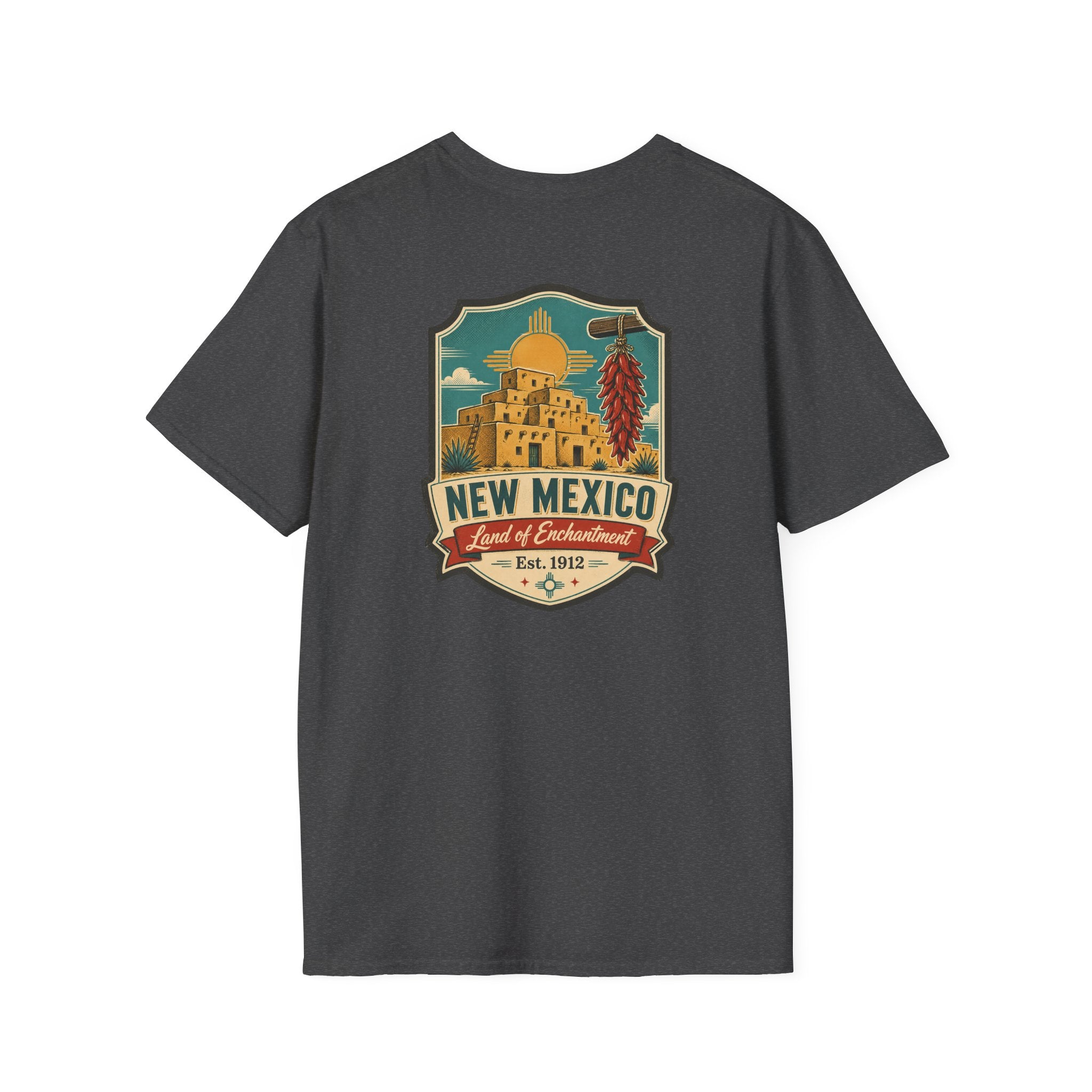Dark gray heather New Mexico graphic T-shirt with round crest chest print