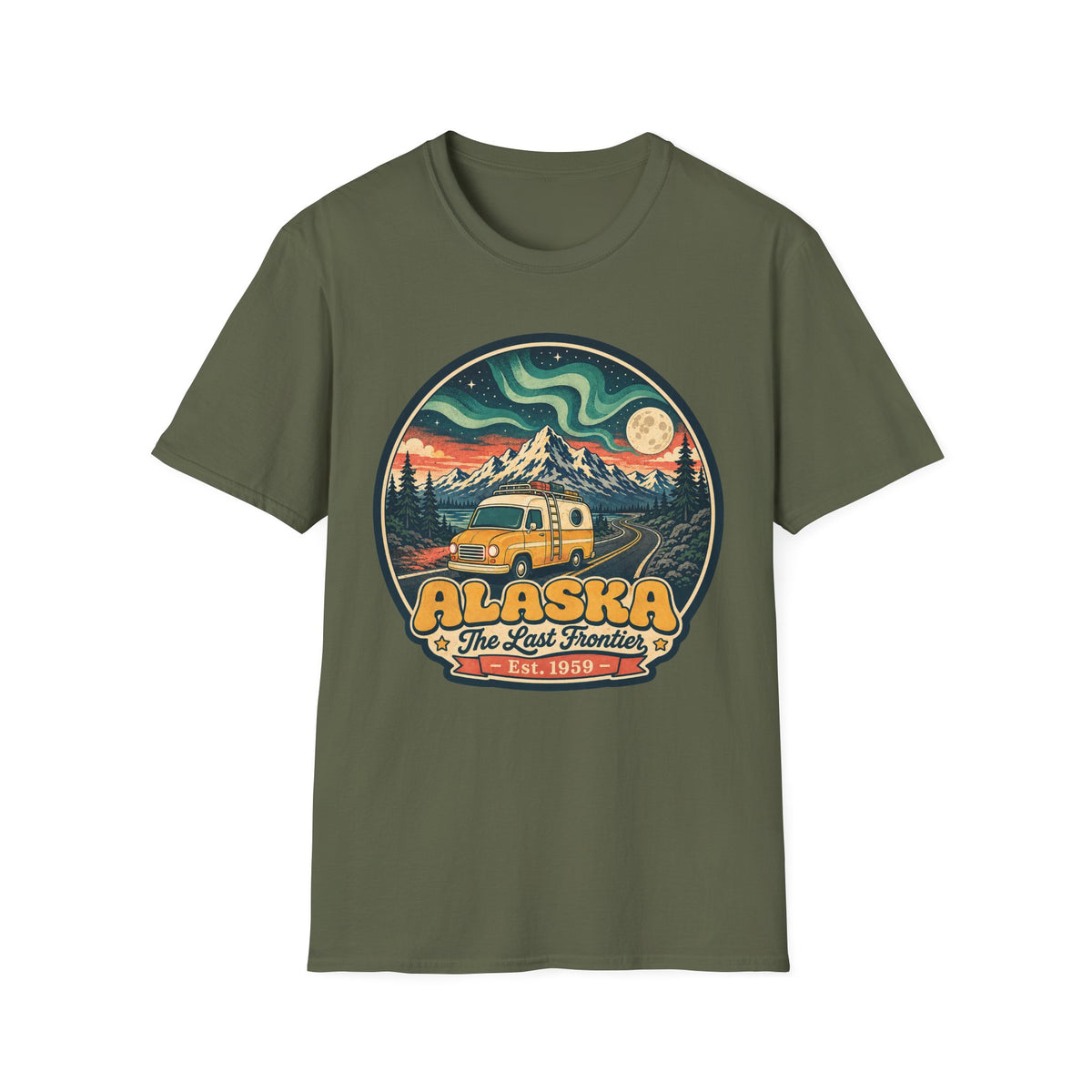 Unisex graphic T-shirt, military green, round Alaska logo with mountain and cabin vehicle art