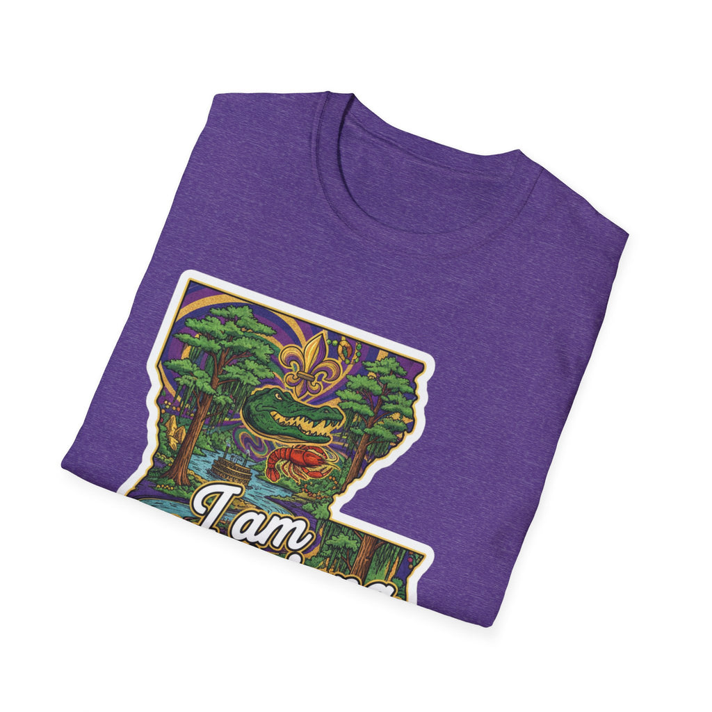 Heather purple T-shirt with Louisiana map Mardi Gras graphic and 'I Am' text