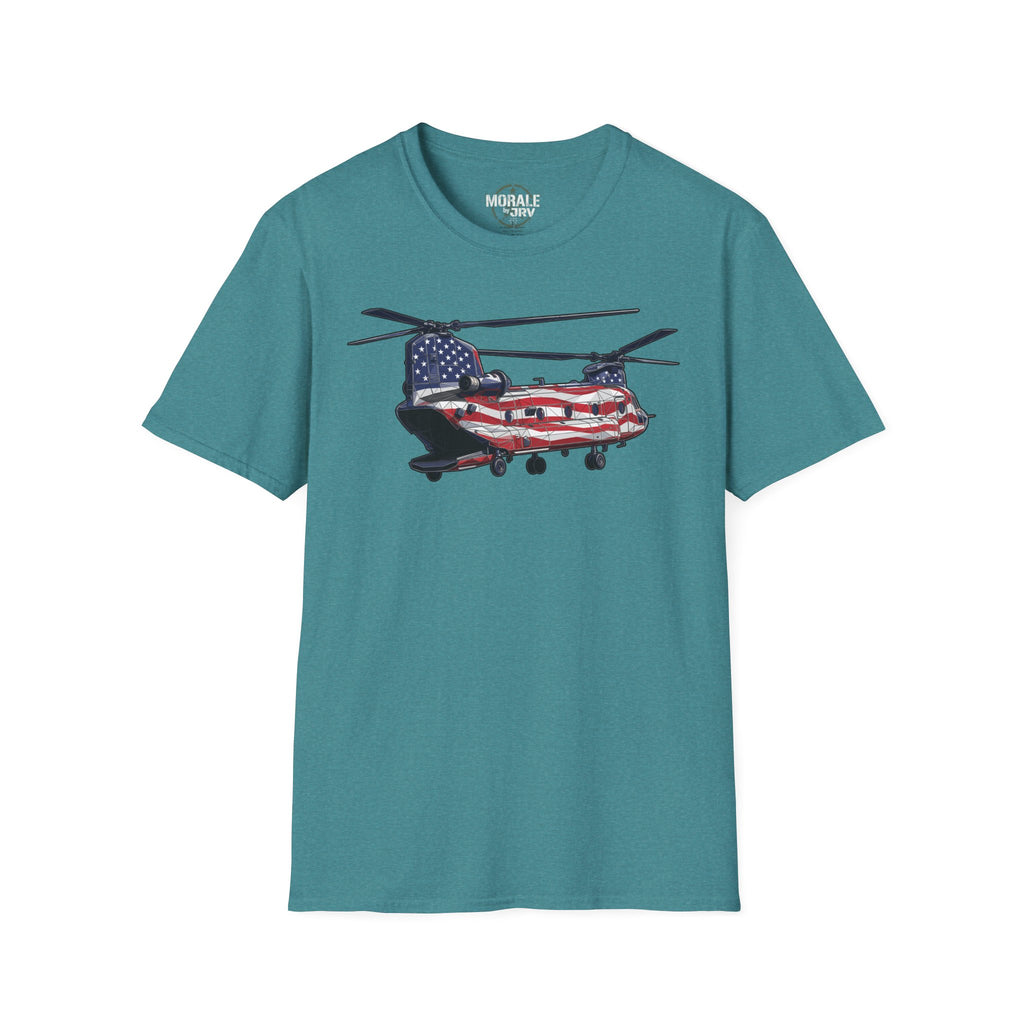 American Flag CH-47 Chinook T-shirt in teal with red, white and blue helicopter graphic