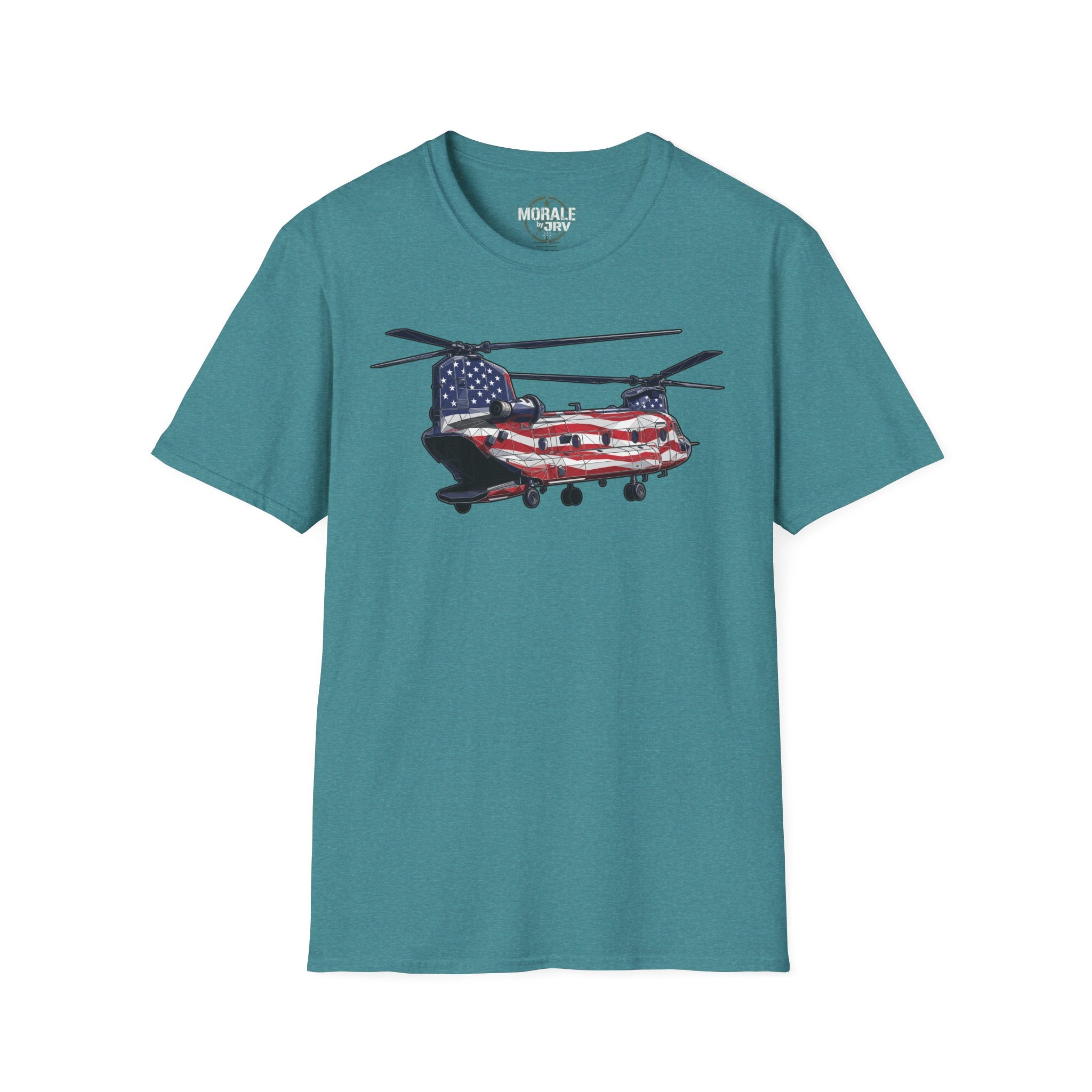 American Flag CH-47 Chinook T-shirt in teal with red, white and blue helicopter graphic