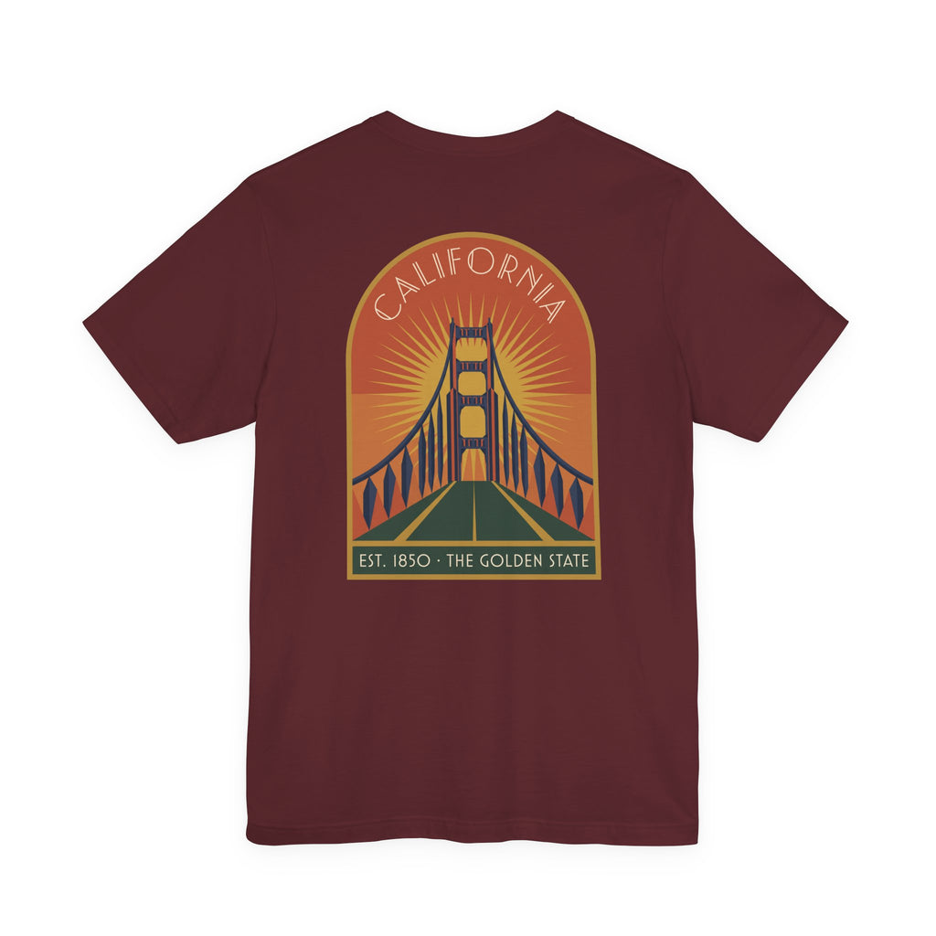 Maroon T-shirt with California Golden Gate Bridge sunset graphic on chest