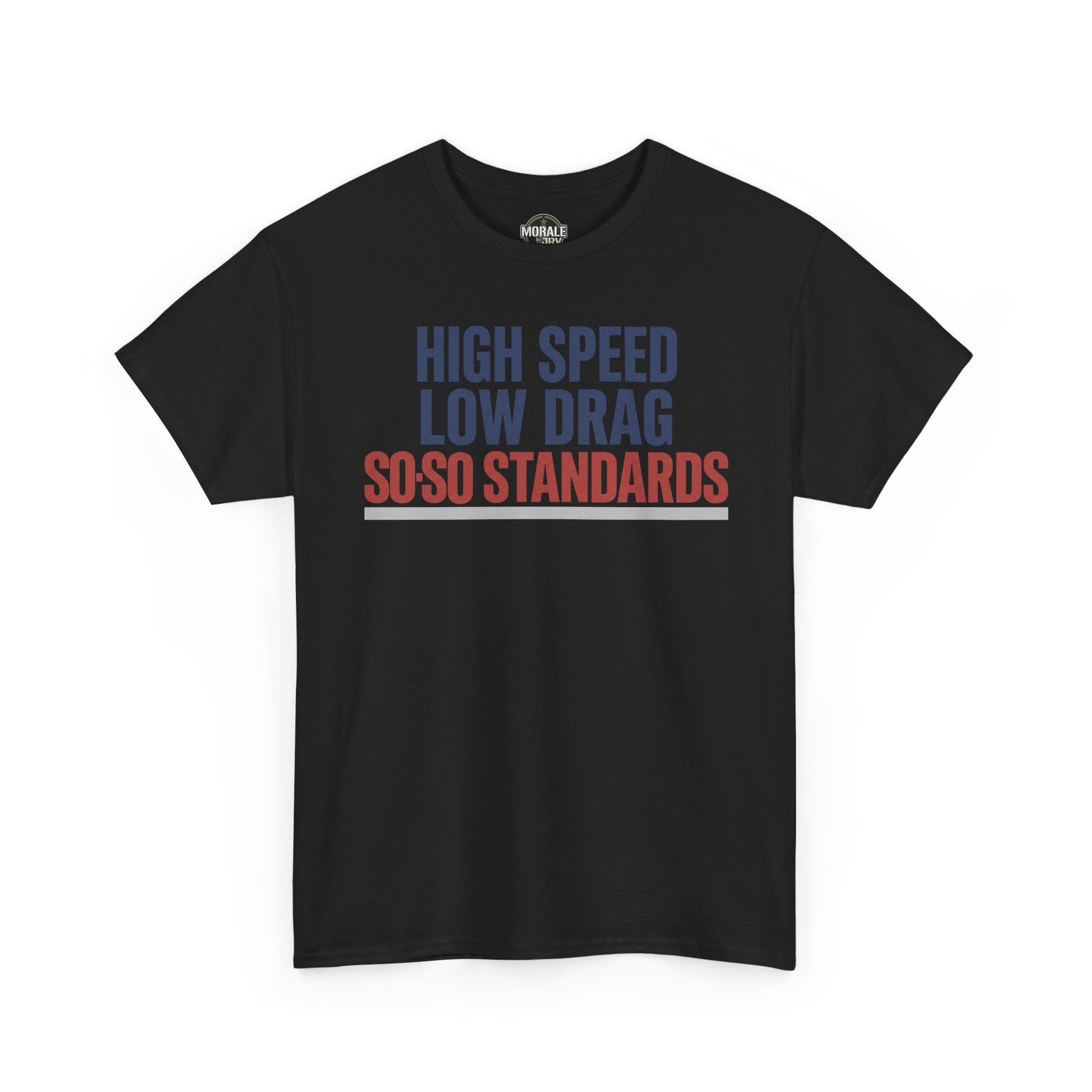 Black crew-neck T-shirt with bold multicolor slogan print on the front.