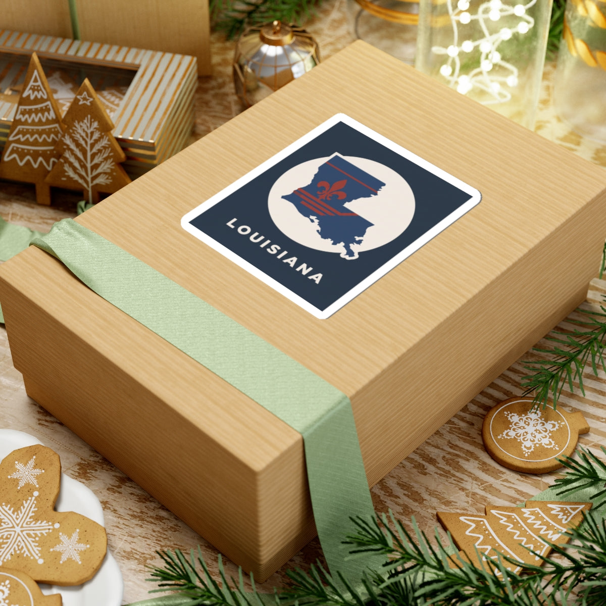 Louisiana sticker on wrapped gift box with state silhouette, fleur-de-lis, and "LOUISIANA"
