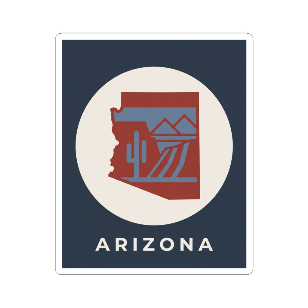 Arizona state sticker with cactus and desert graphic in blue, red, and tan