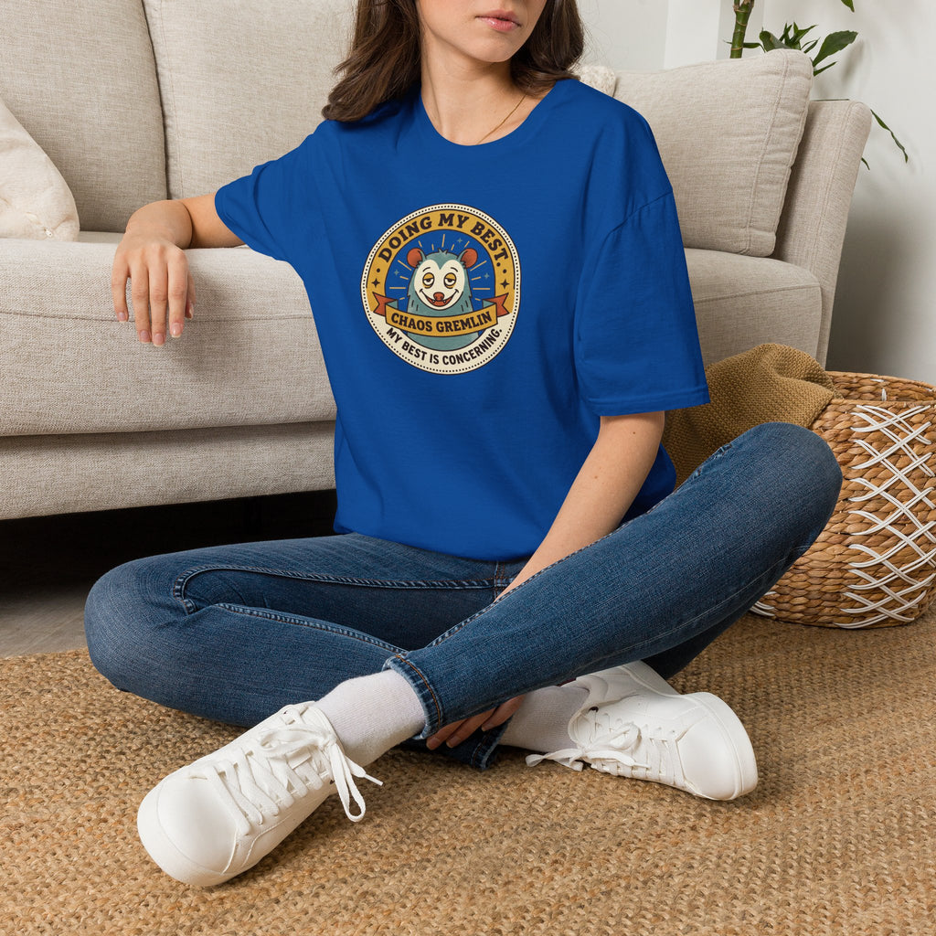 Royal blue crewneck graphic t-shirt with circular chaos gremlin chest print