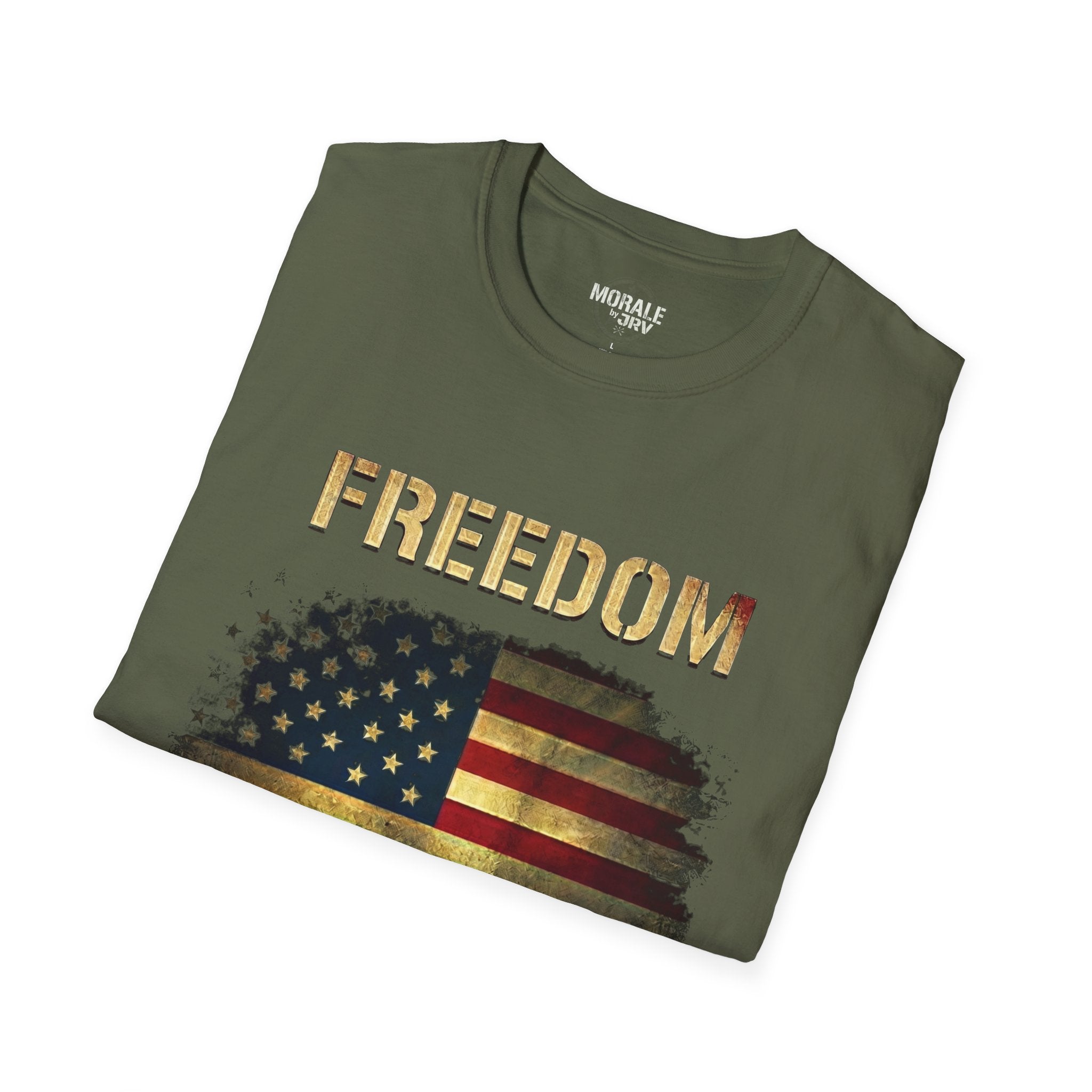 Military green Freedom graphic T-shirt with U.S. flag and “FREEDOM”