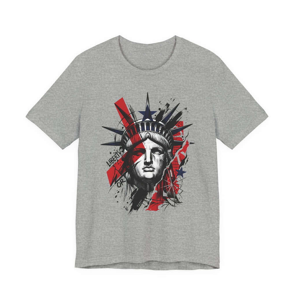 Grey heather graphic t-shirt with Statue of Liberty face illustration in red and black