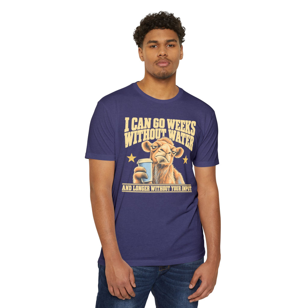 Purple crewneck T-shirt with camel coffee graphic and star slogan on front
