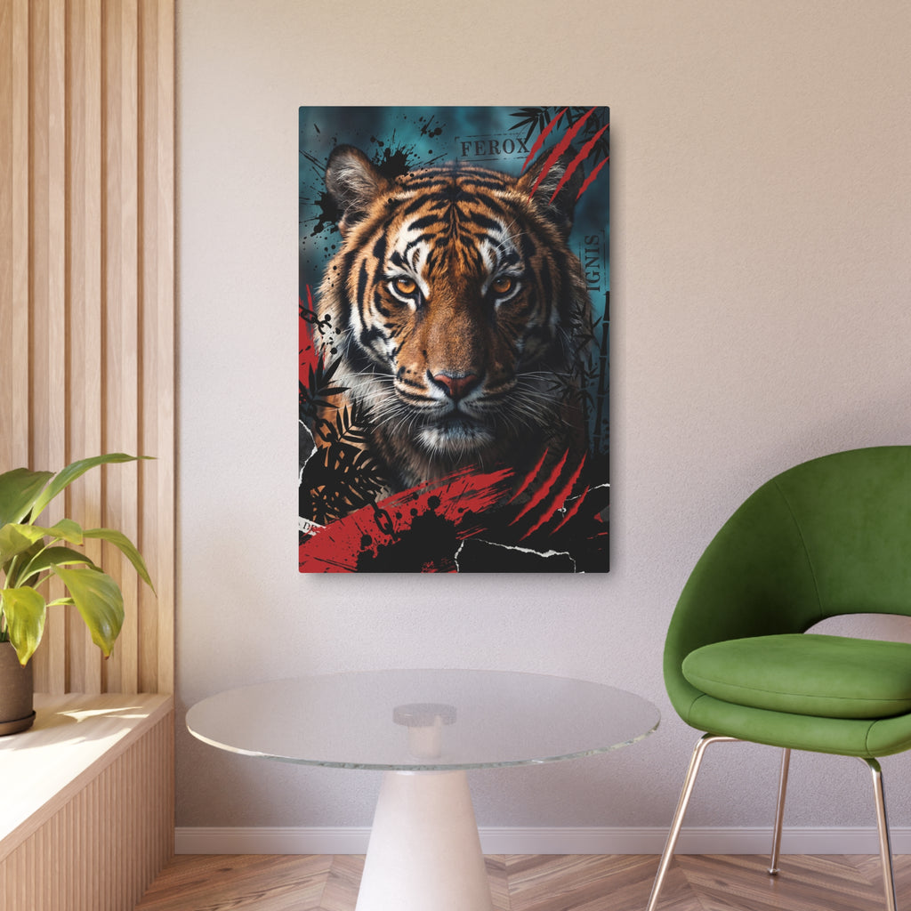 Tiger wall art print on wall, centered big cat face with red splatter and teal tones