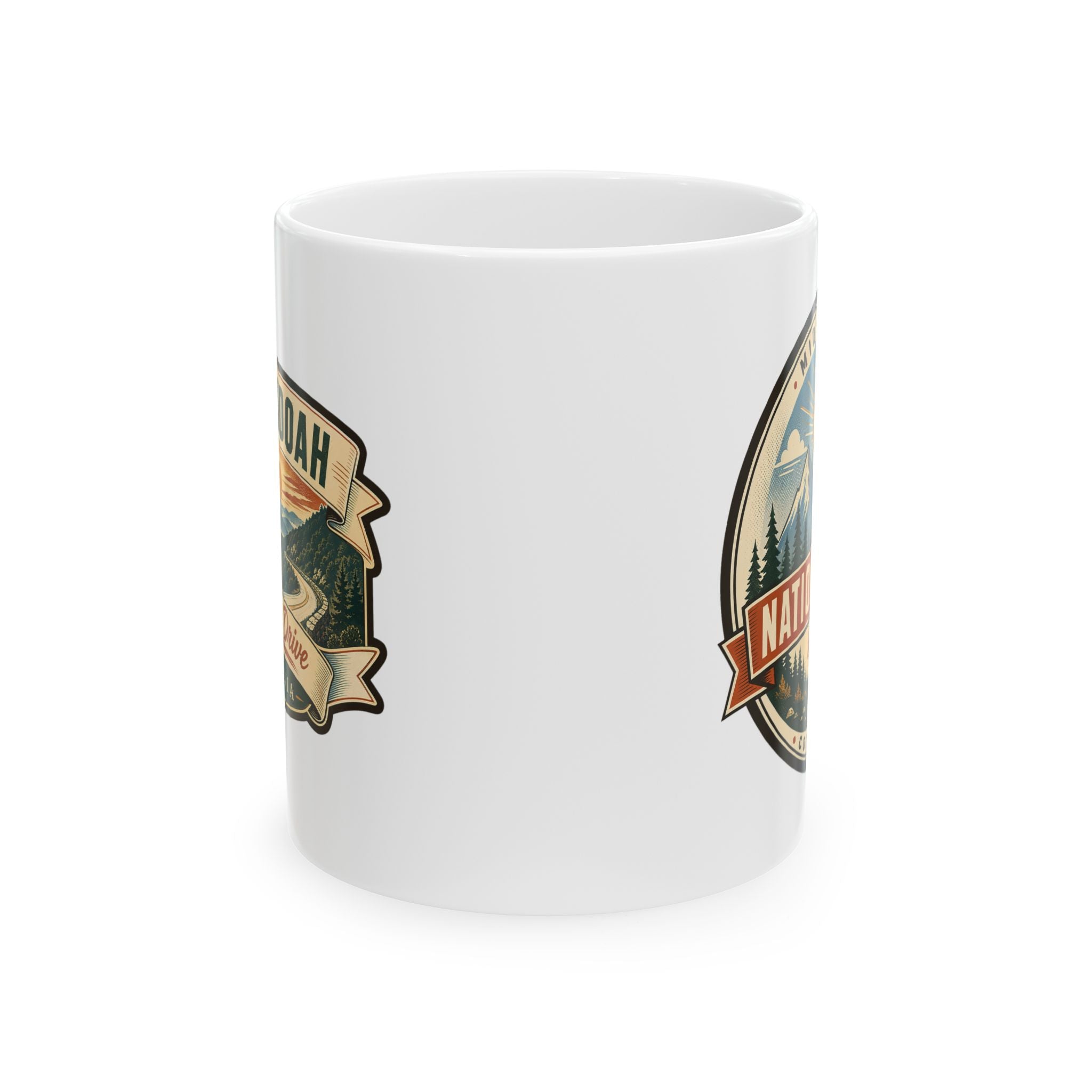 White ceramic mug with National Park badge decals on both sides.