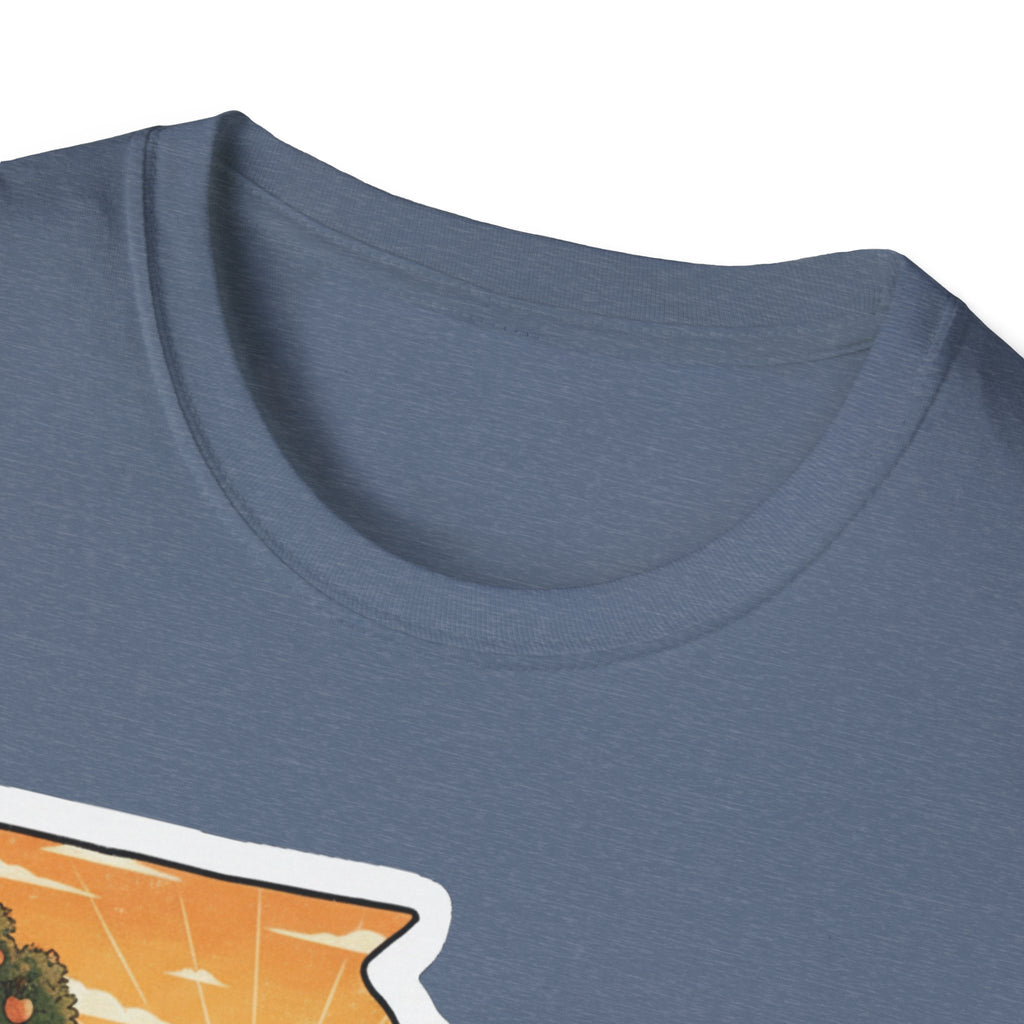 I Am Georgia T-shirt in heather slate blue, close view of crew neck and fabric texture