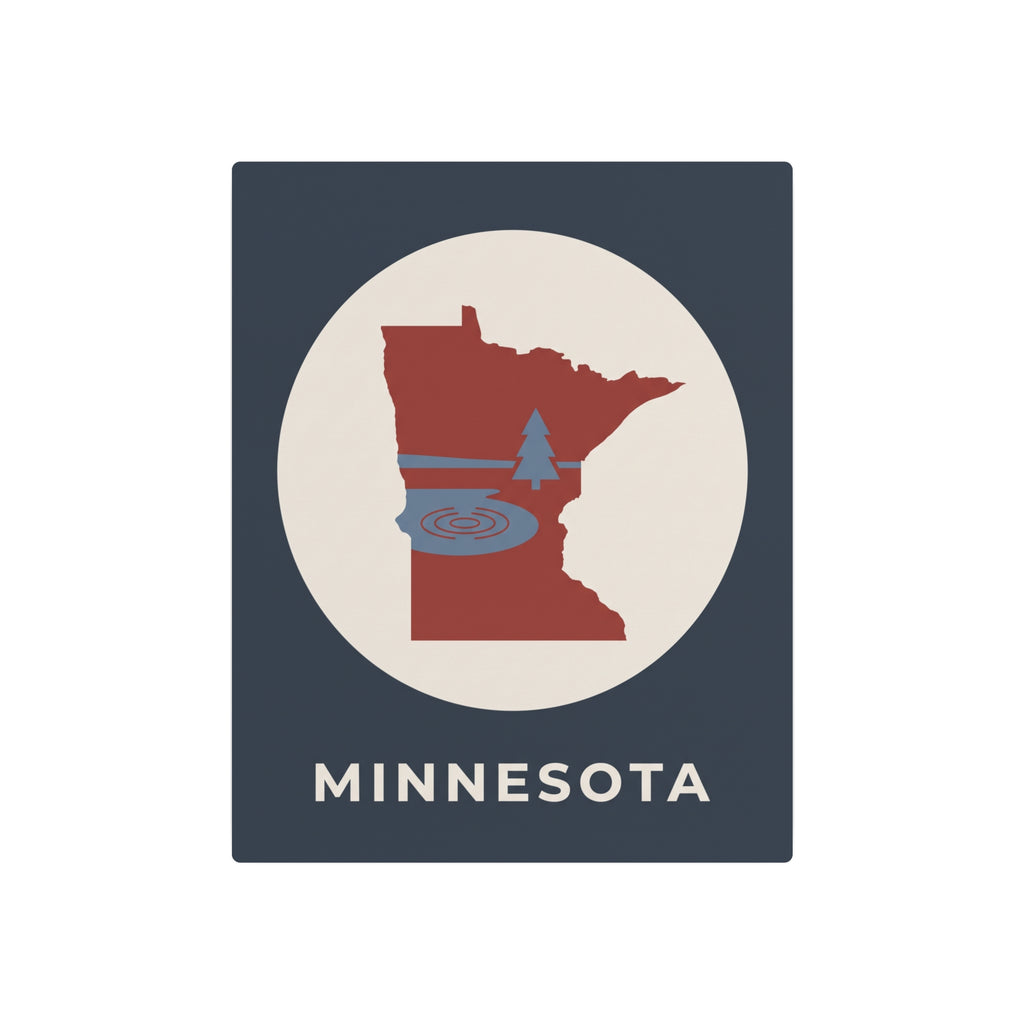 Minnesota metal wall art sign: dark blue square with circular red state silhouette and “MINNESOTA”