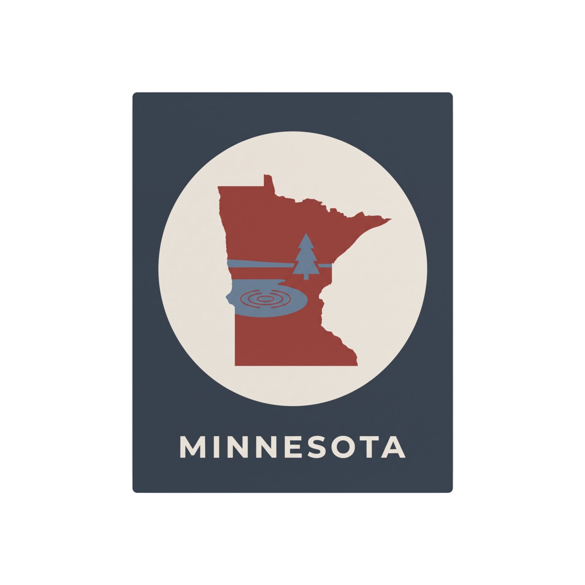 Minnesota metal wall art sign: dark blue square with circular red state silhouette and “MINNESOTA”