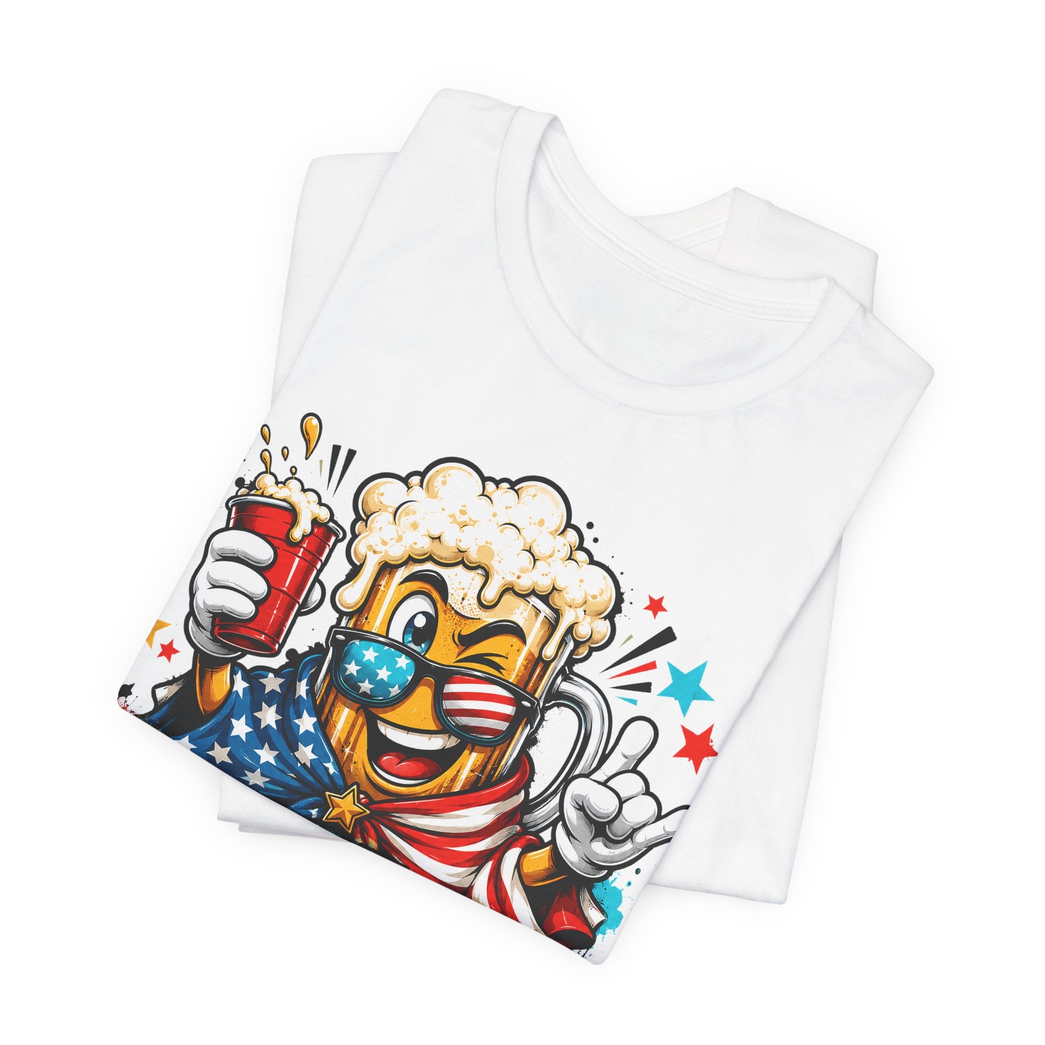 White crewneck T-shirt with beer mascot graphic holding a red drink can.