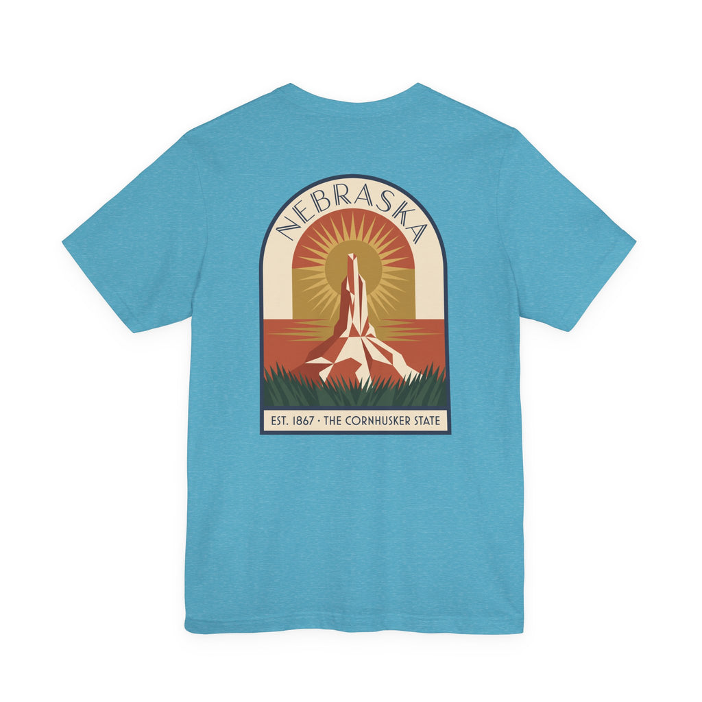 Nebraska art deco T-shirt, aqua blue with Cornhusker sunrise graphic