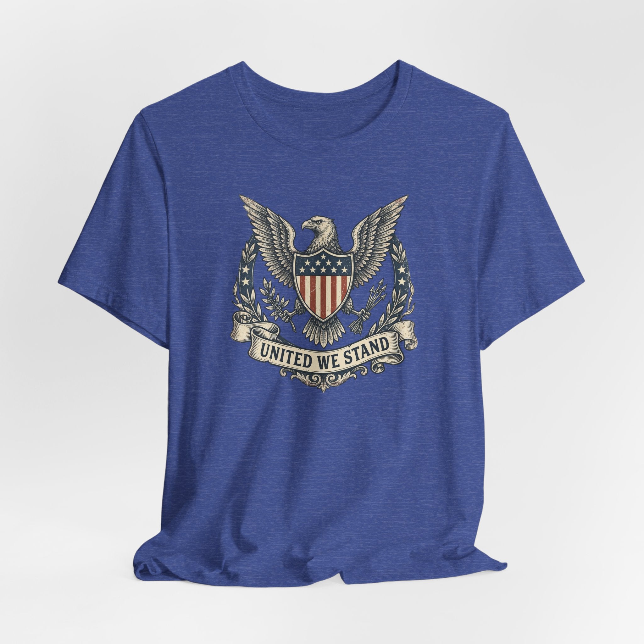 Blue crew-neck T-shirt with centered eagle shield "United We Stand" print